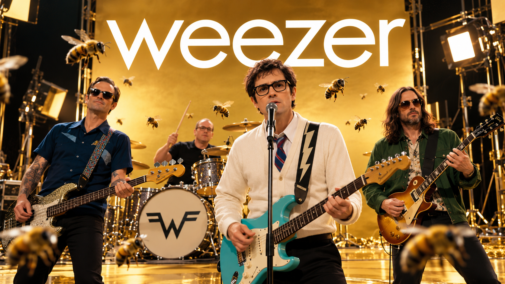 Weezer performen in einem goldfarbenen Studio-Setup mit Gitarren, Schlagzeug und zahlreichen fliegenden Bienen – angelehnt an das neue „C.E.O.“-Musikvideo und die aktuelle „The Gathering“-Ära.