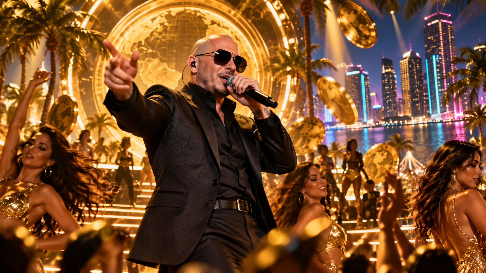 Pitbull steht im schwarzen Anzug und mit Sonnenbrille auf einer goldbeleuchteten Bühne und singt in ein Mikrofon. Um ihn herum tanzen mehrere Personen, während große goldene Münzen durch die Szene schweben. Im Hintergrund ist eine nächtliche, neonbeleucht