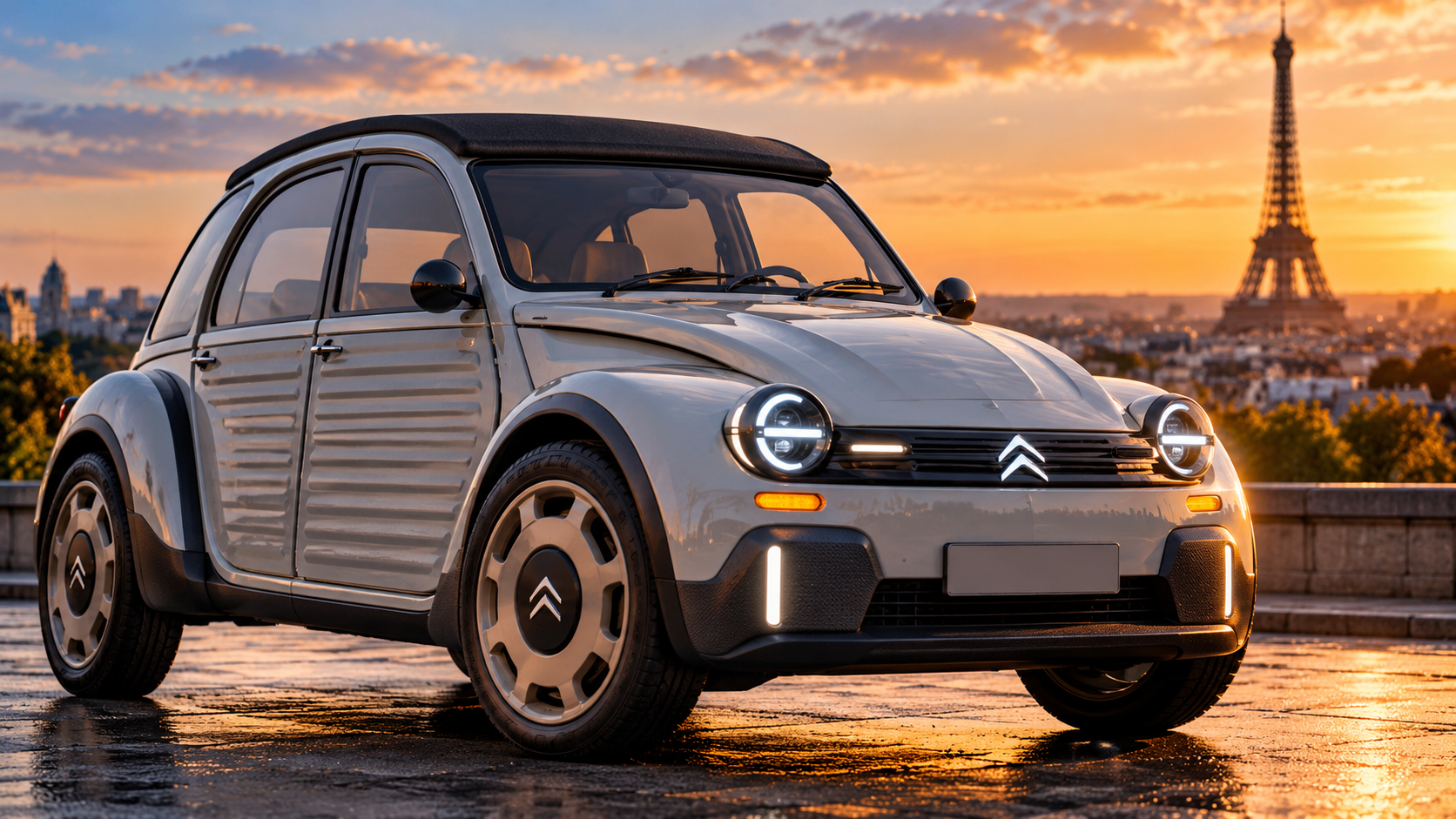 Moderner Citroën 2CV als Elektro-Konzept vor dem Eiffelturm in Paris.