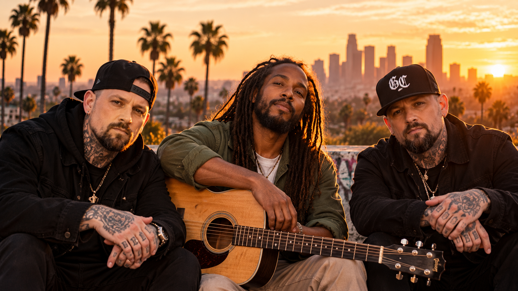 Good Charlotte und Ziggy Marley gemeinsam mit Gitarre vor der Skyline von Los Angeles.