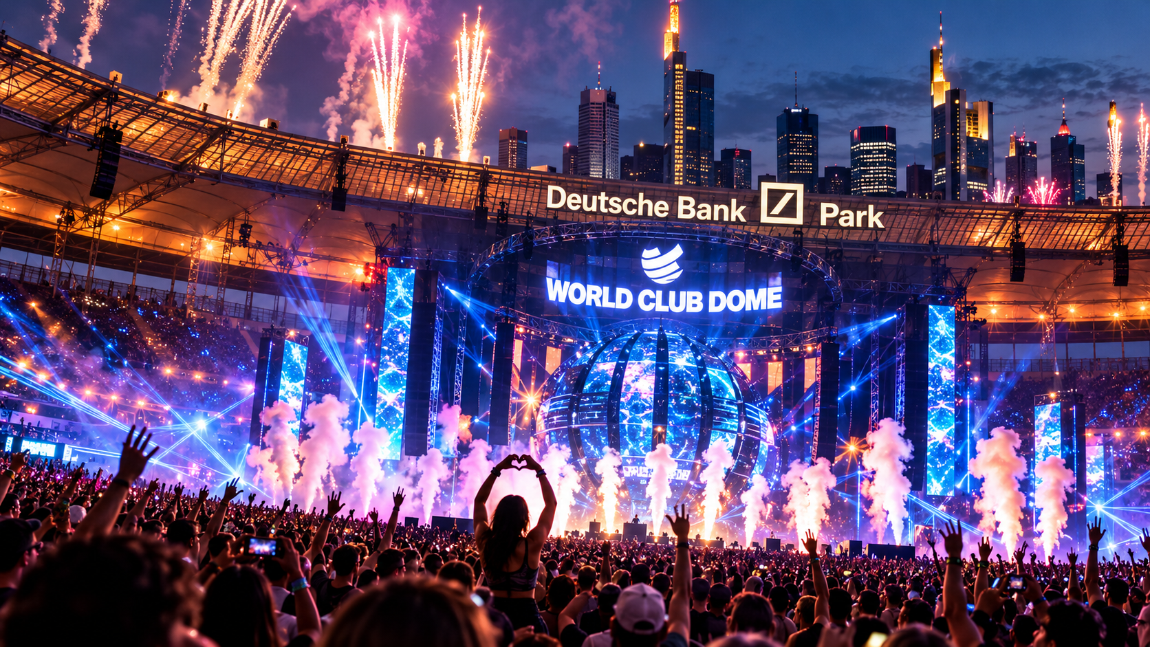 WORLD CLUB DOME im Deutsche Bank Park mit großer Bühne, Feuerwerk, Lasern und Publikum.