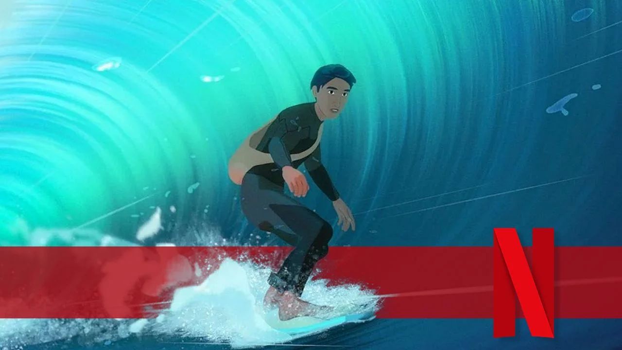Poster des Netflix‑Films In Waves mit den Hauptfiguren AJ auf einem Skateboard und Kristen beim Surfen