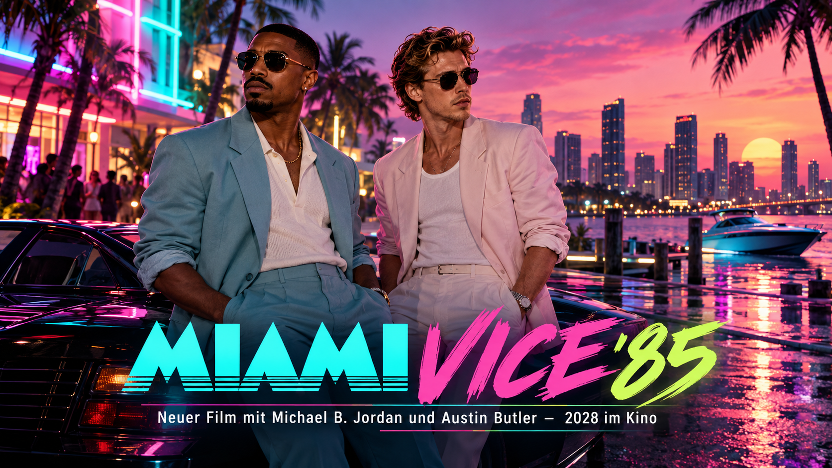 Austin Butler und Michael B. Jordan als Crockett und Tubbs im neuen Miami Vice‑Film ’85