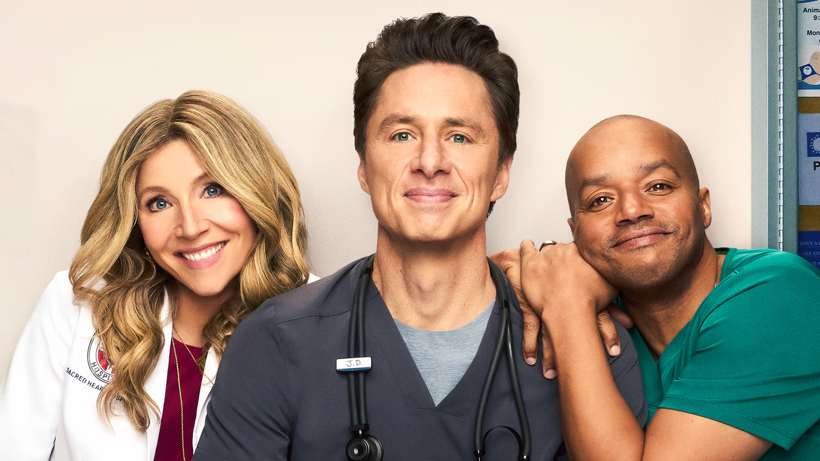 Poster der Scrubs‑Serie mit den Hauptdarstellern Zach Braff, Donald Faison und Sarah Chalke