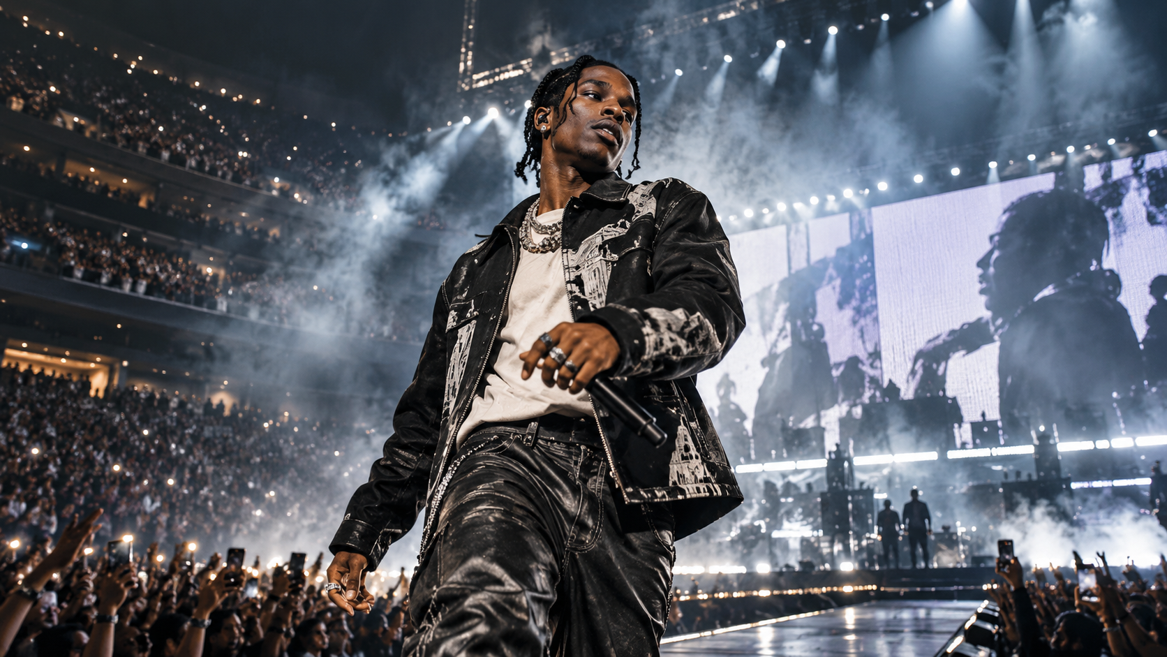 A$AP Rocky steht mit Mikrofon auf einer großen Arena-Bühne vor einem dicht gefüllten Publikum. Helle Scheinwerfer, Nebel und großflächige Videowände sorgen für eine spektakuläre Konzertatmosphäre – passend zur überraschend erweiterten „Don’t Be Dumb World