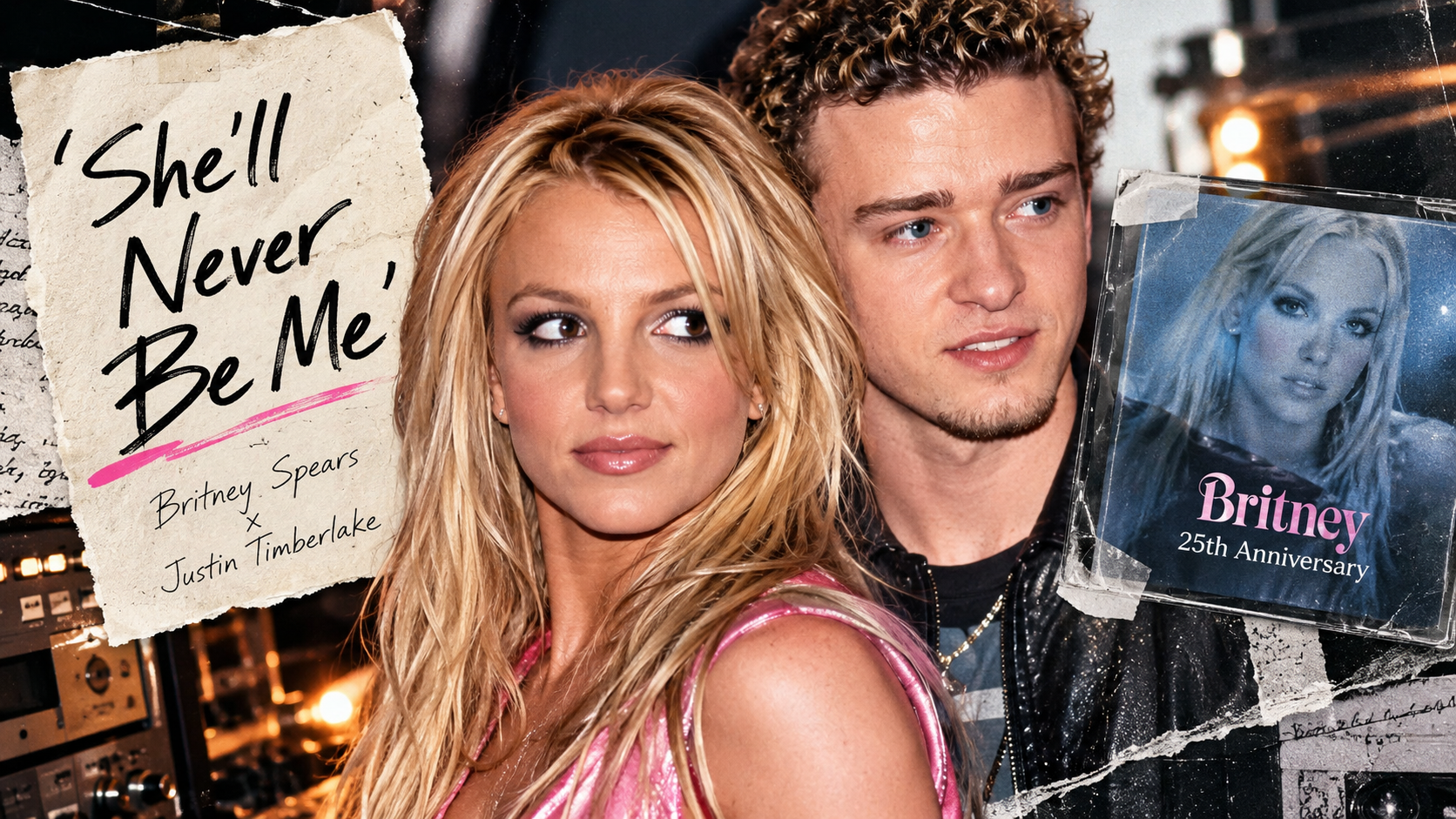 Britney Spears und Justin Timberlake stehen gemeinsam in einer nostalgischen Pop-Collage im Stil der frühen 2000er. Im Hintergrund sind Filmstreifen, eine CD, ein Hinweis auf die 25th Anniversary Edition von „Britney“ sowie der Songtitel „She’ll Never Be