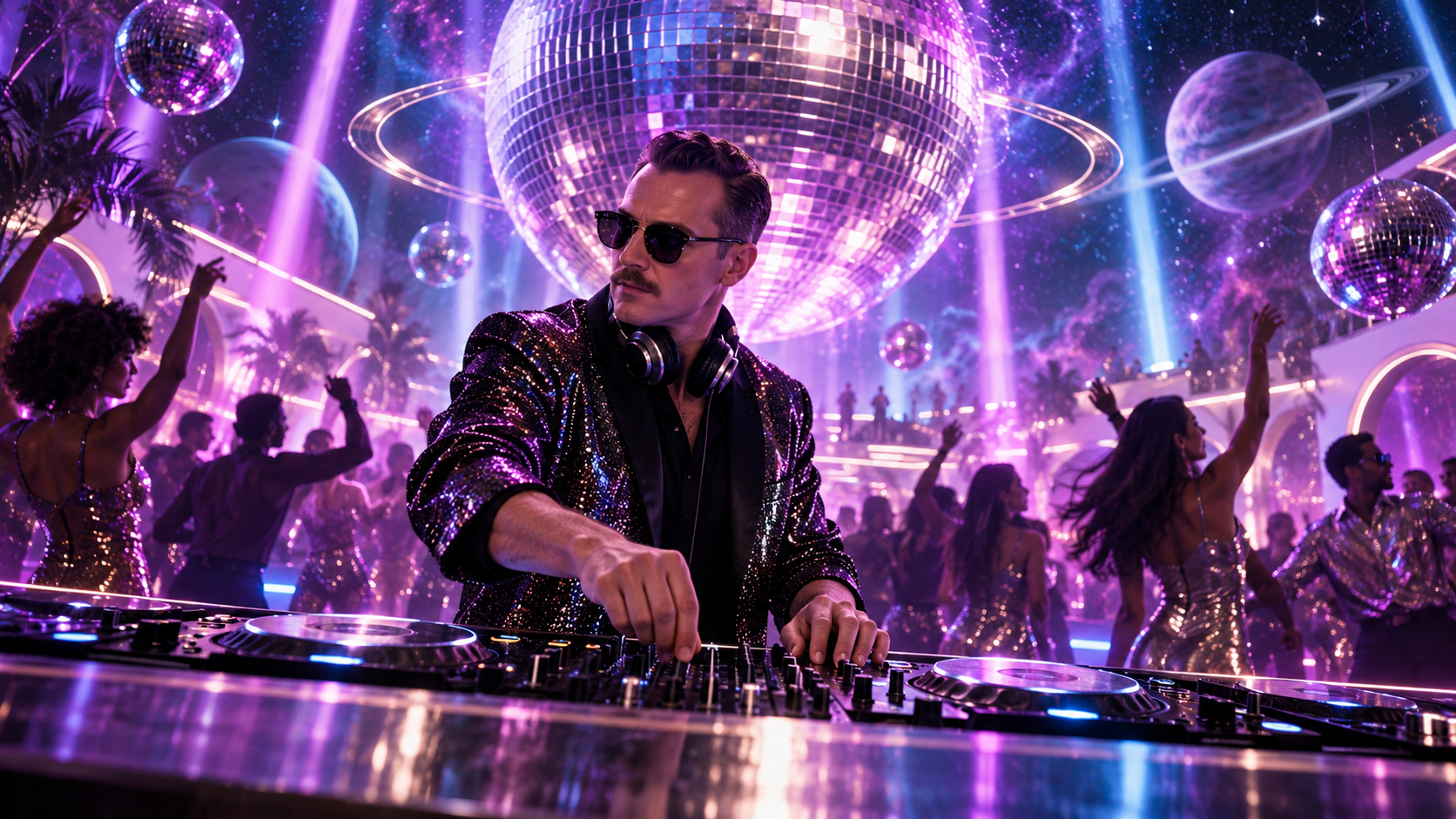 Purple-Disco-Machine-inspiriertes Promomotiv in einer futuristischen Disco-Weltraum-Optik mit violetten Neonfarben, Discokugel, Konzertpublikum und kosmischen Elementen. Im Mittelpunkt steht die neue Albumära rund um „COSMOTROPIA“ und die angekündigte Liv