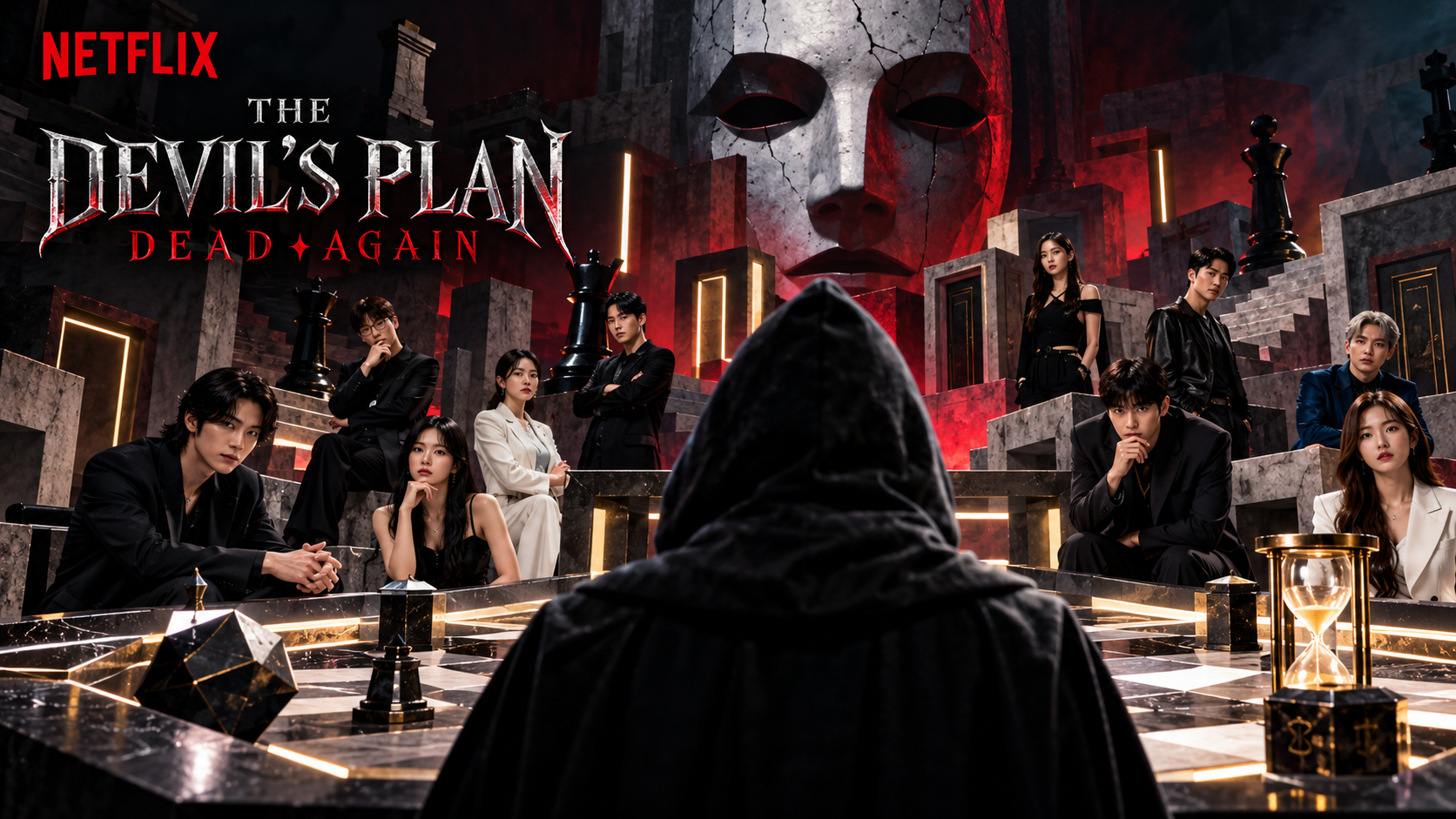 Düstere Spielarena zu „The Devil’s Plan: Dead Again“ mit Kandidaten, Schachfiguren, geometrischen Spielelementen und einer großen maskenartigen Kulisse.