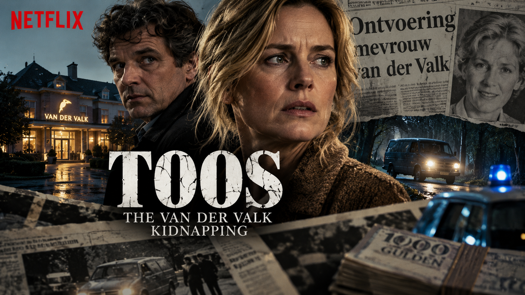 Düstere Collage zur Netflix-Serie „Toos: The Van der Valk Kidnapping“ mit einer Frau im Vordergrund, Hotel, Entführungsfahrzeug, Zeitungsausschnitten und Lösegeld.
