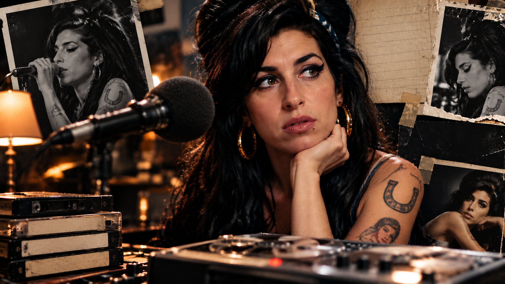 Amy Winehouse in einer nostalgischen Tonstudio-Szene mit Mikrofon, Aufnahmegerät und mehreren schwarz-weißen Archivaufnahmen der Sängerin.