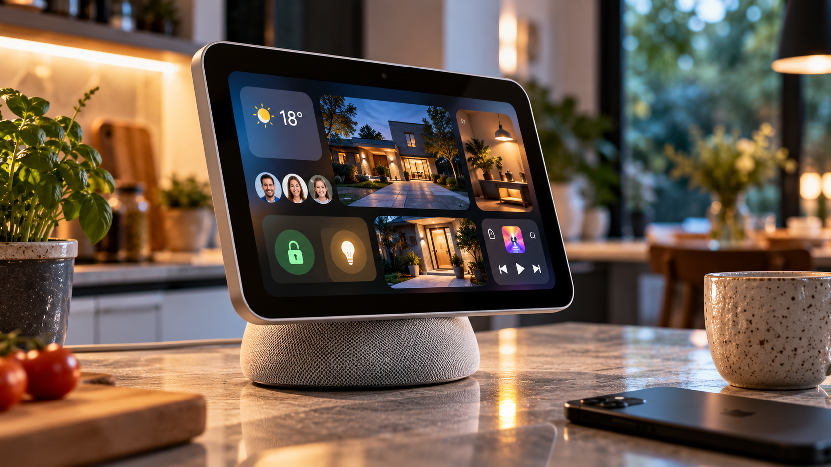 Intelligenter Smart-Home-Bildschirm auf einer Küchenarbeitsplatte mit Steuerung für Licht, Klima, Tür, Kameras, FaceTime und Musik.