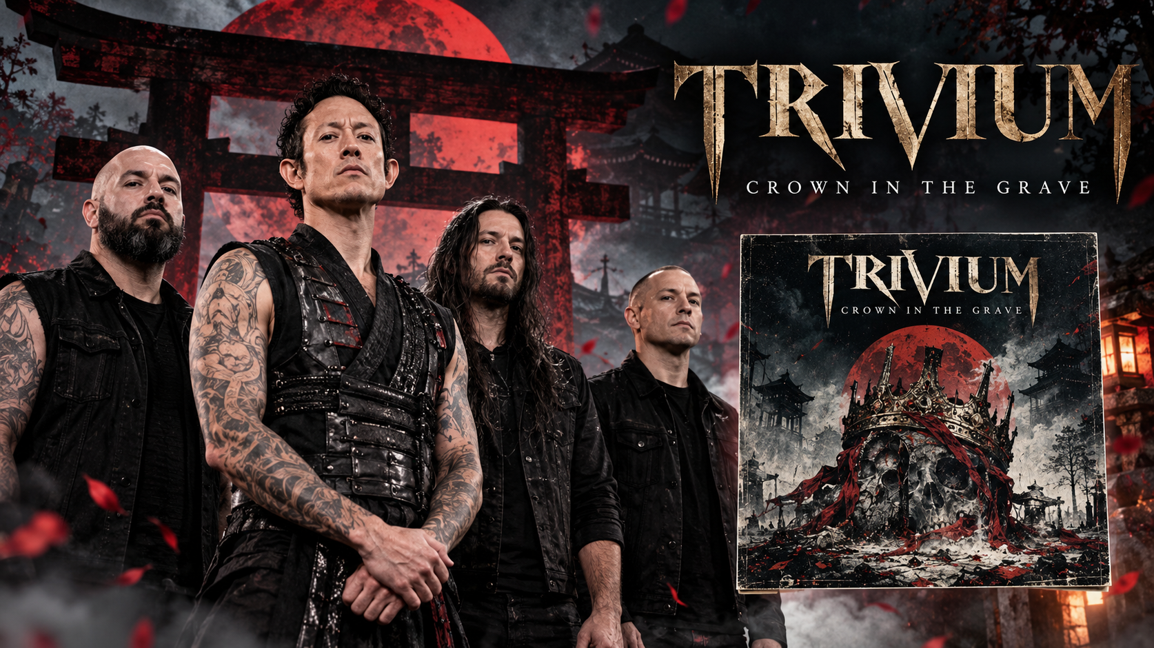 Trivium stehen vor einer düsteren, japanisch inspirierten Kulisse mit Torii-Toren, rotem Mond und dem Artwork ihres neuen Albums „Crown In The Grave“.