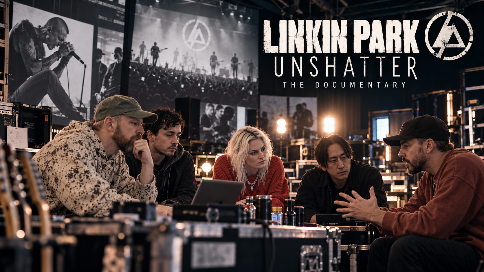Linkin Park sitzen gemeinsam in einem dunklen Proberaum zwischen Instrumenten und Bühnentechnik und sprechen über ihre Rückkehr, während im Hintergrund Konzertaufnahmen und der Titel „Unshatter“ zu sehen sind.