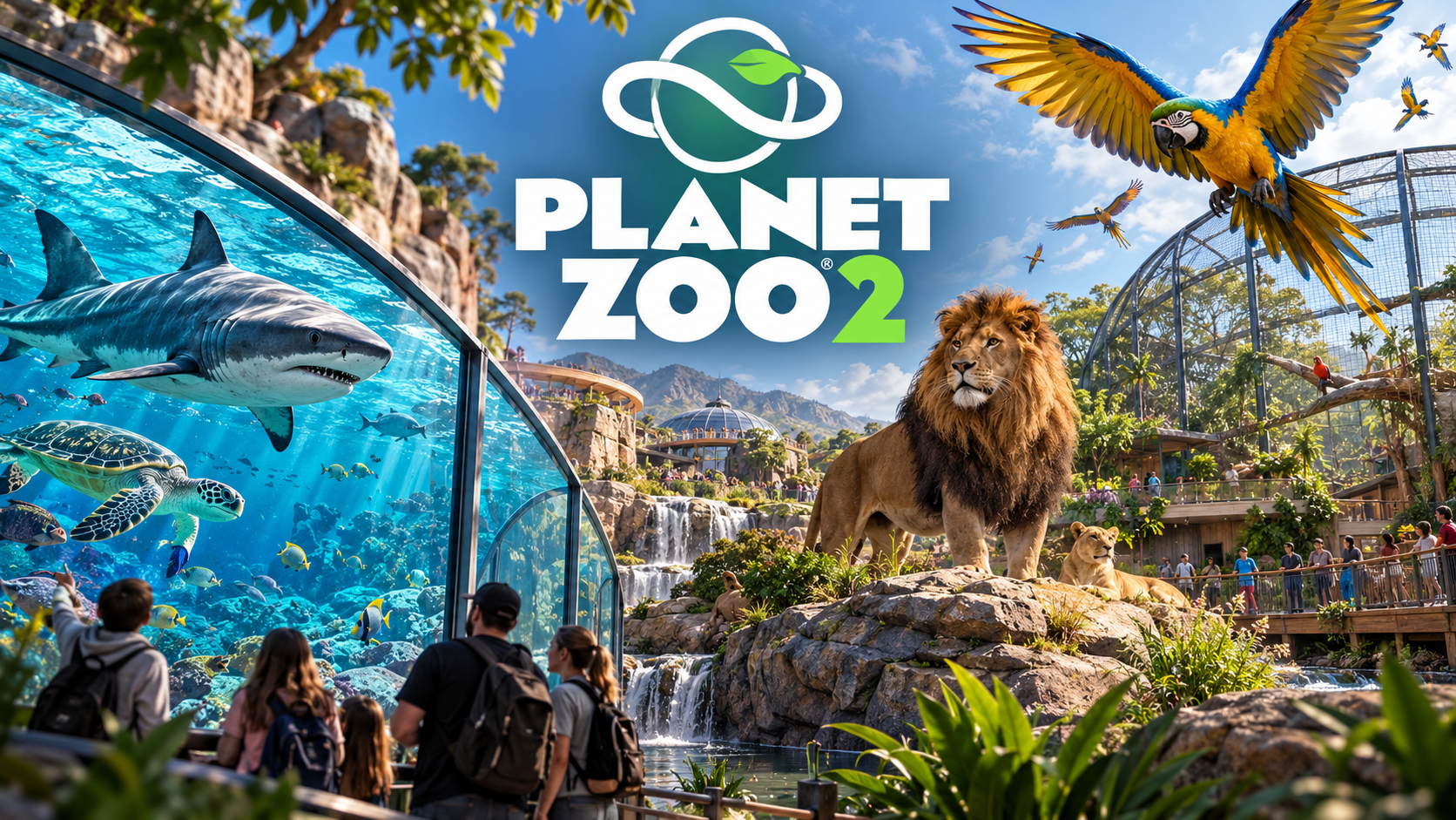 Buntes Motiv zu Planet Zoo 2 mit großem Aquarium voller Haie und Meeresschildkröten, einem Löwengehege und einer großen Vogelvoliere mit fliegendem Papagei.