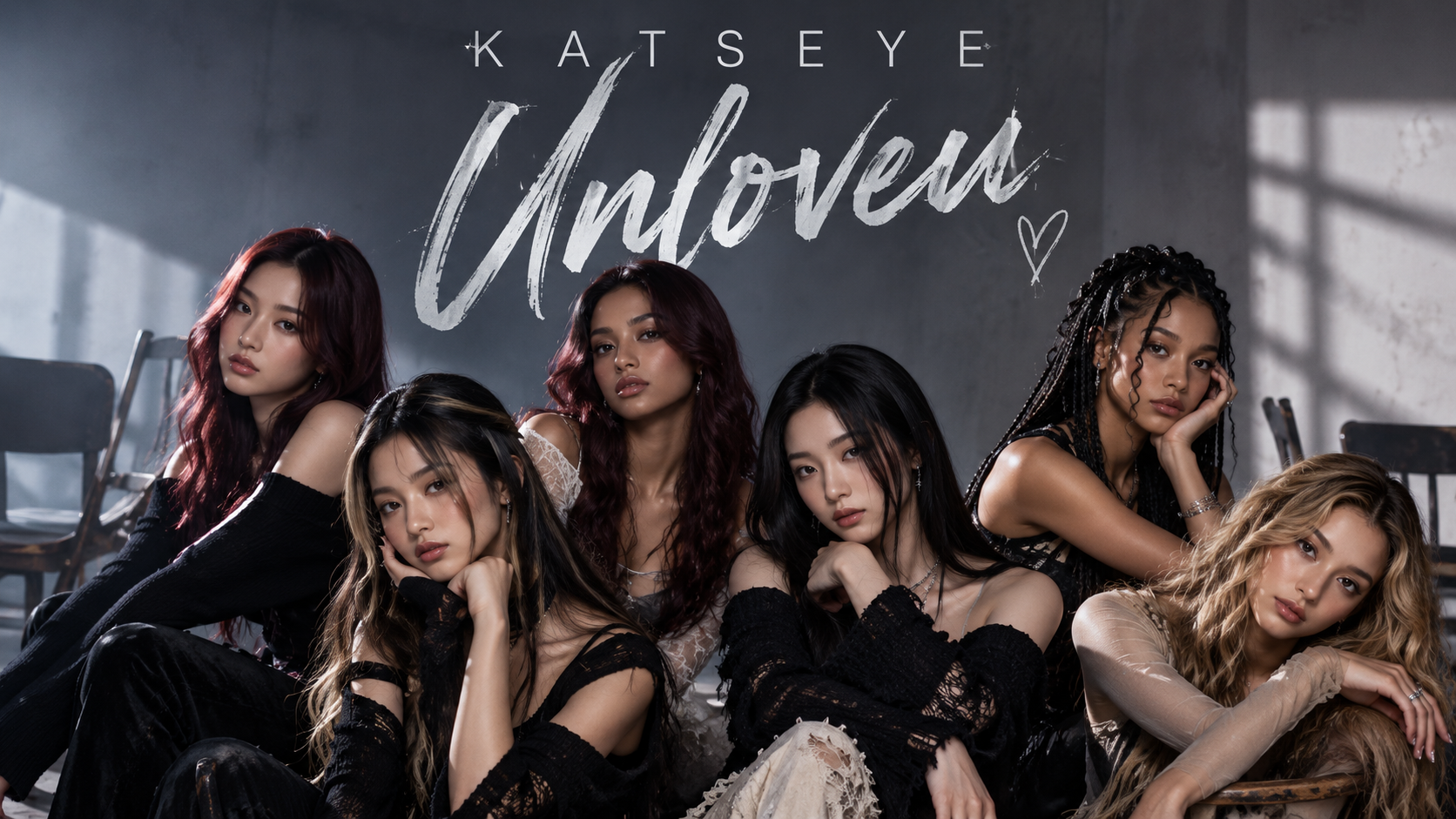 Die sechs Mitglieder von KATSEYE sitzen in einem dunklen, minimalistischen Studio vor grauem Hintergrund; darüber stehen der Gruppenname und der Songtitel „Unloveu“.