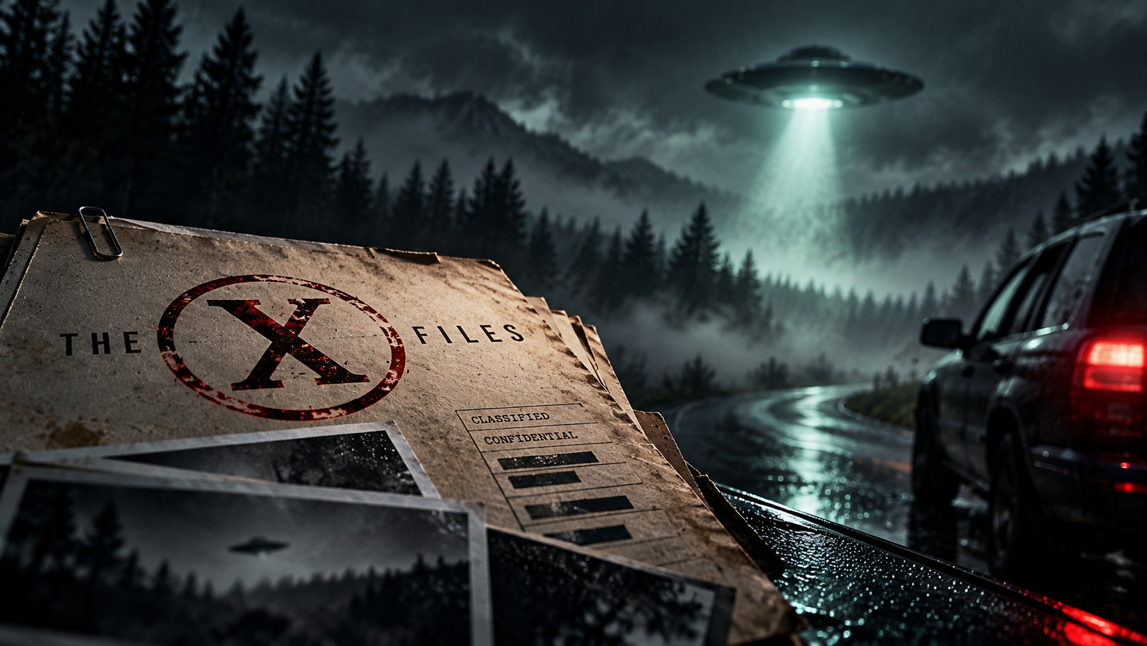 Düstere Szene in einem nebligen Wald bei Nacht: Eine X-Akten-Mappe mit geheimen Unterlagen liegt im Vordergrund, während über einer regennassen Straße ein UFO schwebt.