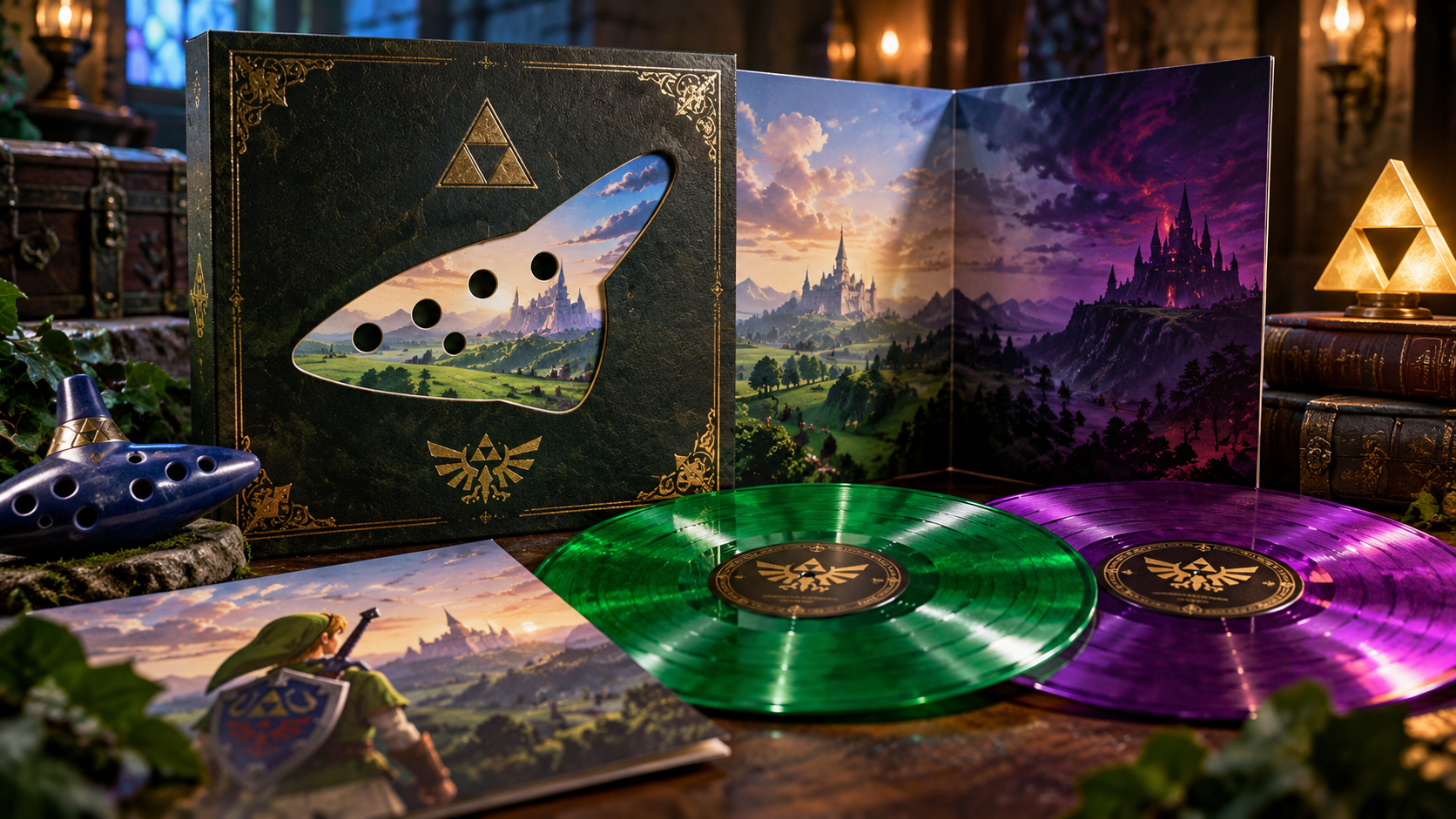 Aufwendig gestaltete Zelda-Sammleredition mit grünem und violettem Vinyl, Okarina, Triforce-Symbolen und einer fantasievollen Hyrule-Landschaft im Hintergrund.