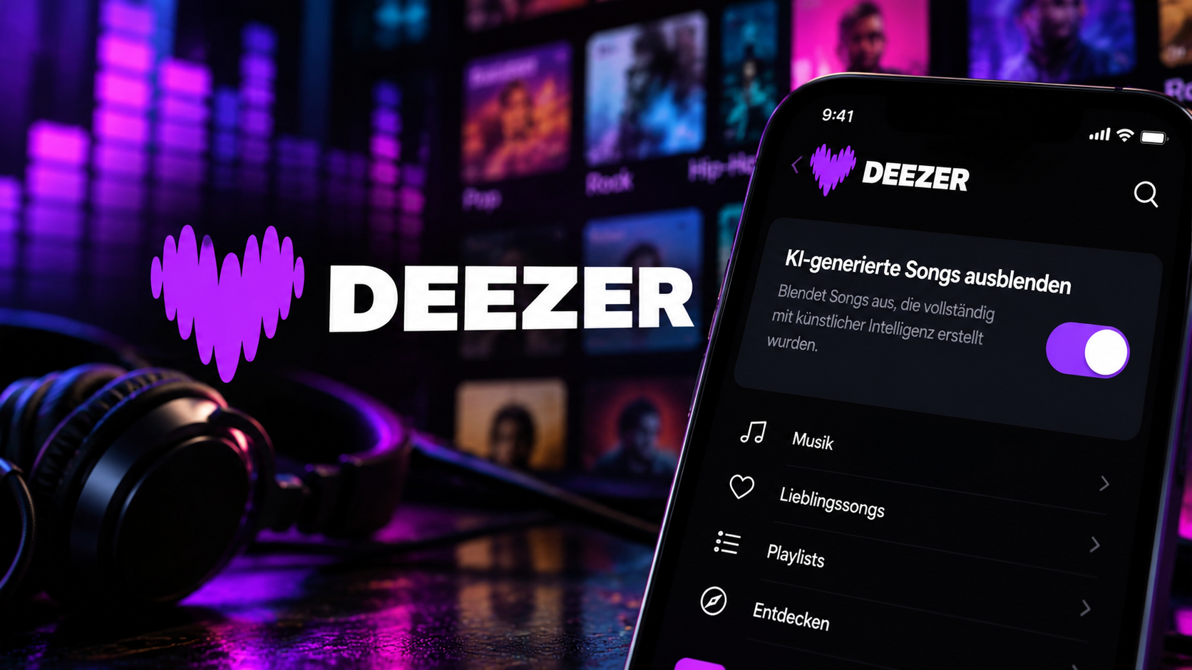 Deezer-Logo mit Hinweis auf KI‑Musik‑Filterfunktion