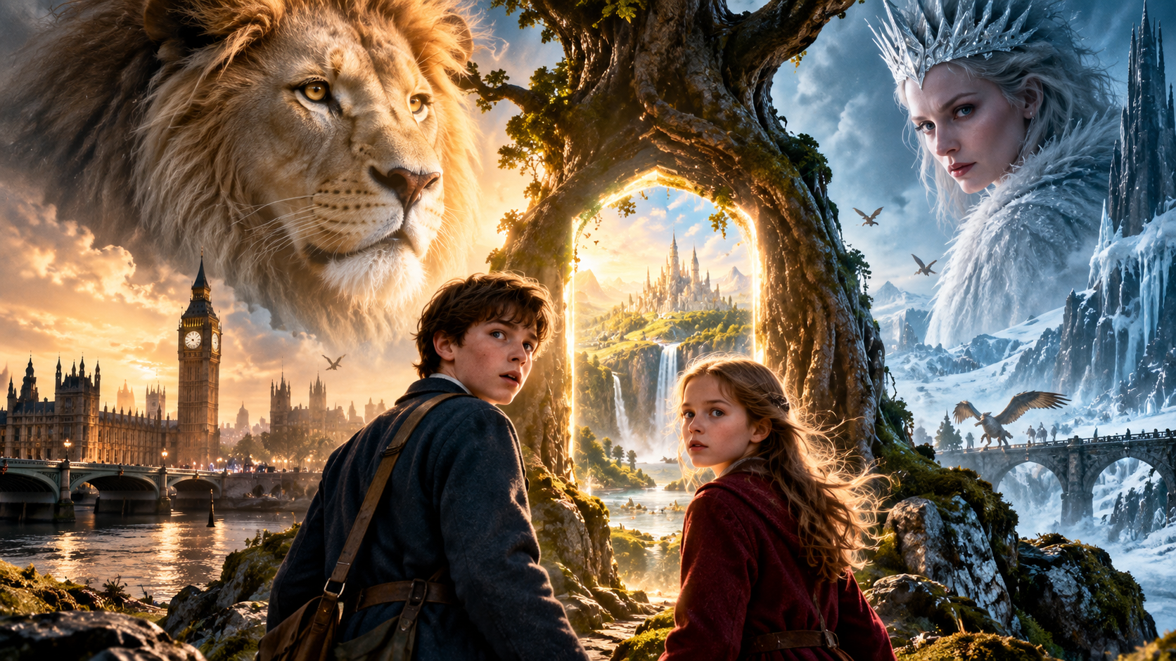 Redaktionelle Fantasy-Illustration zu „Narnia: The Magician’s Nephew“ mit zwei Kindern an einem magischen Übergang zwischen London und einer leuchtenden Fantasiewelt, über der ein großer Löwe erscheint.
