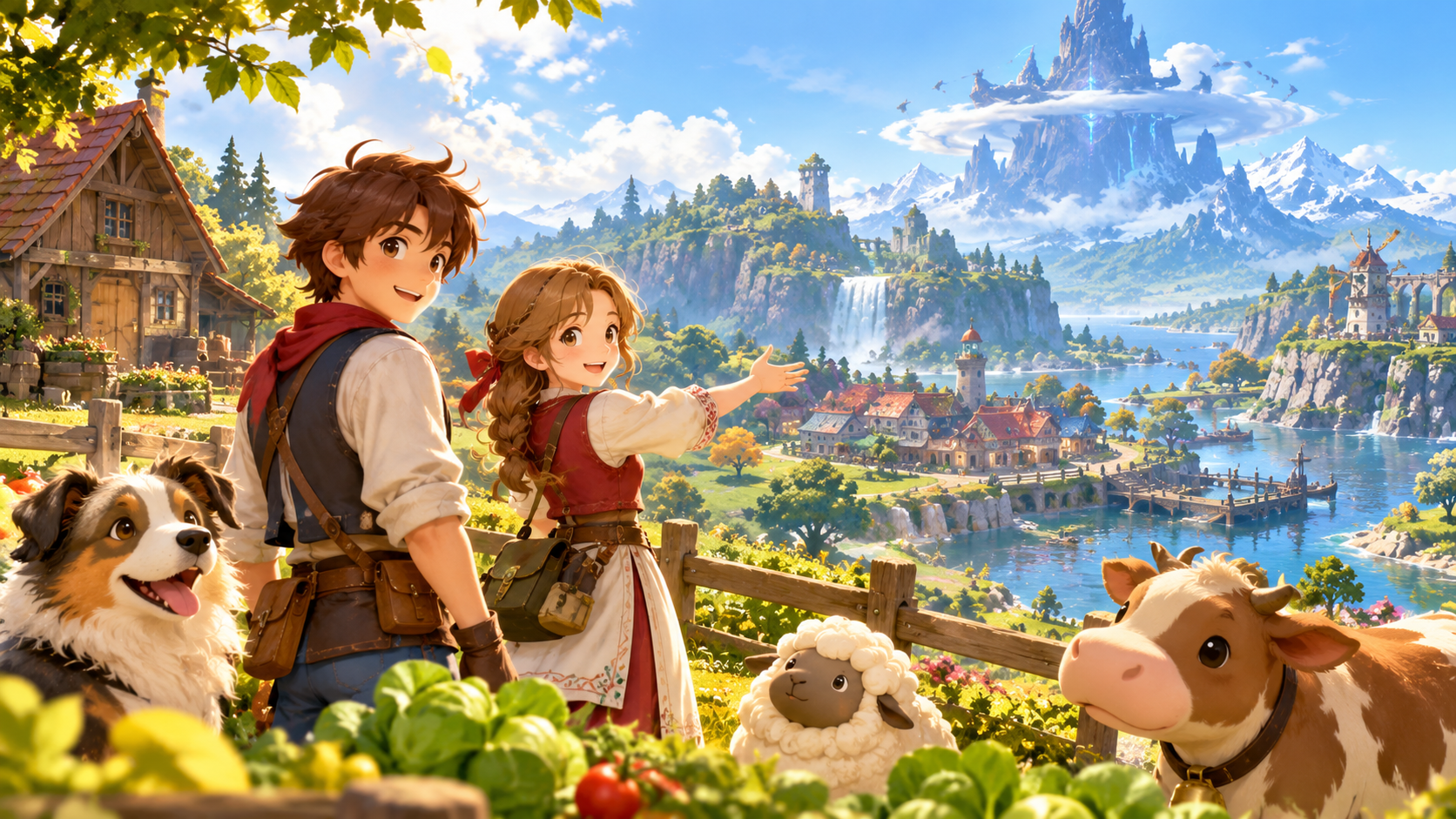 Zwei junge Abenteurer stehen auf einer sonnigen Farm mit Hund, Schaf und Kuh und blicken auf eine weitläufige Fantasywelt mit Dorf, Hafen, Wasserfällen, Bergen und einer geheimnisvollen schwebenden Struktur.