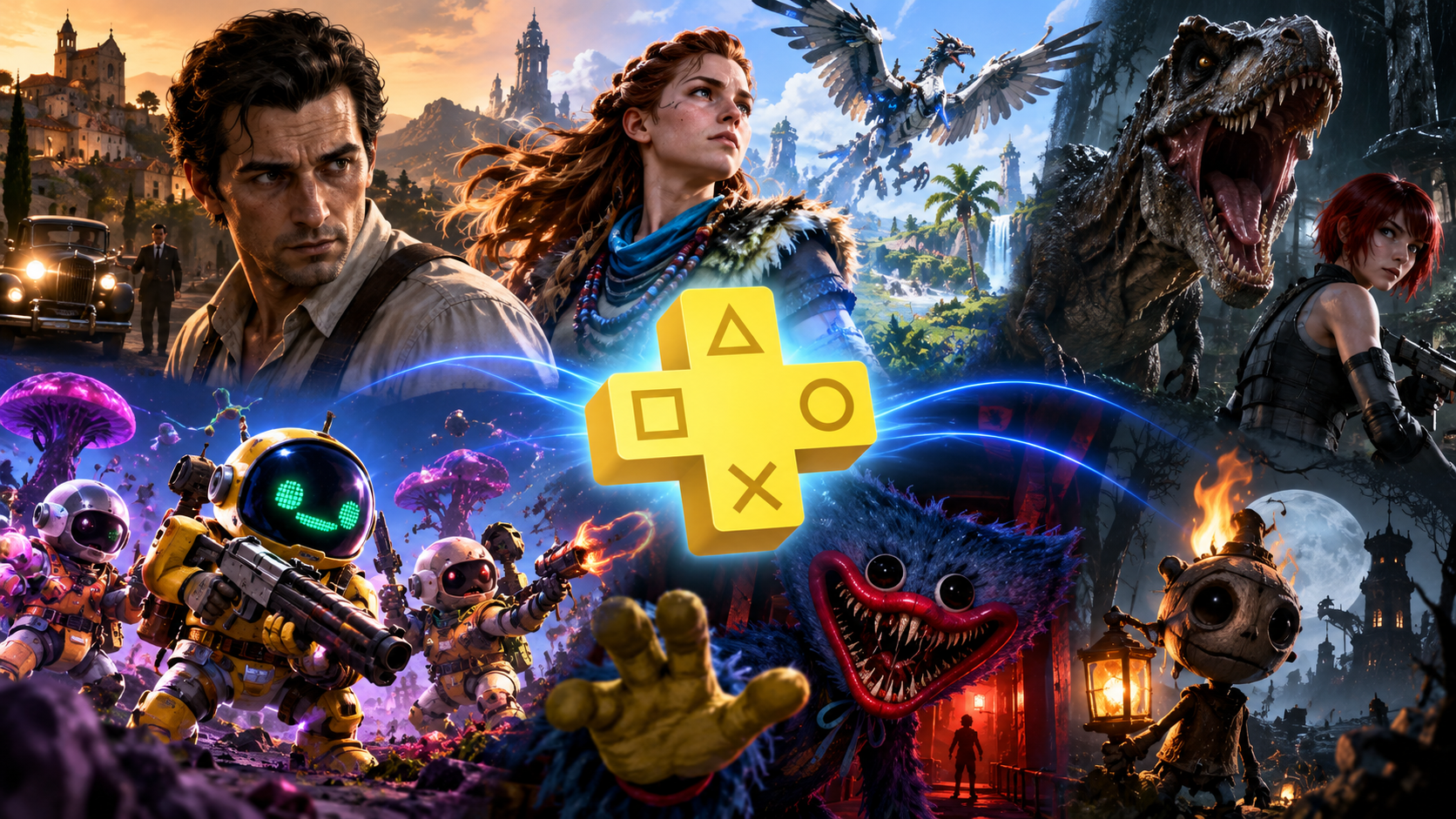 Collage mit verschiedenen PlayStation-Plus-Spielen, darunter eine Mafia-Szene, eine rothaarige Maschinenjägerin, ein Dinosaurier, Sci-Fi-Roboter und Horrorfiguren rund um das gelbe PlayStation-Plus-Symbol.
