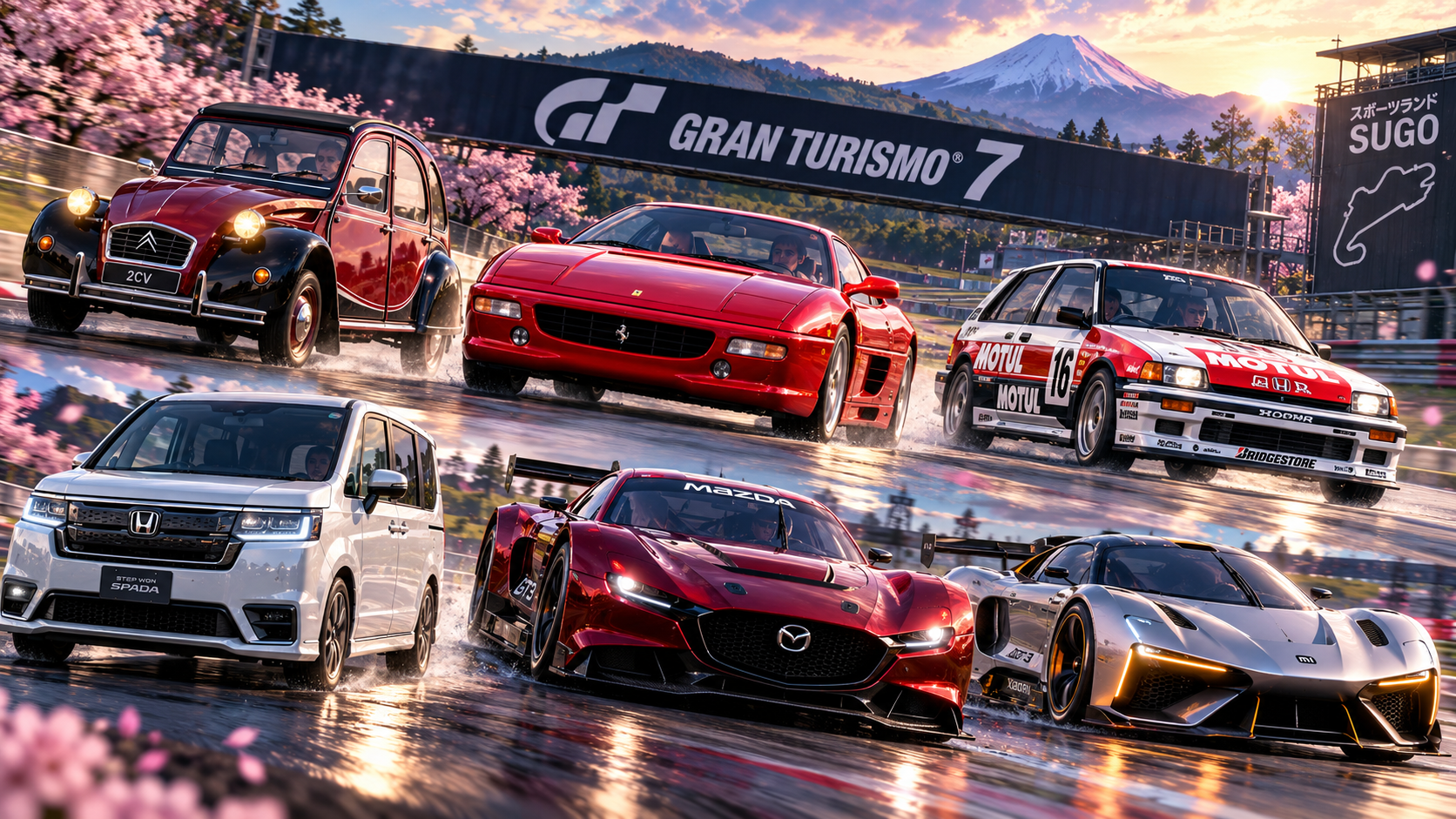 Sechs unterschiedliche Fahrzeuge rasen auf einer japanischen Rennstrecke, darunter ein Citroën 2 CV, ein roter Ferrari, ein Honda-Rennwagen, ein weißer Familienvan sowie moderne Mazda- und Xiaomi-Sportwagen.