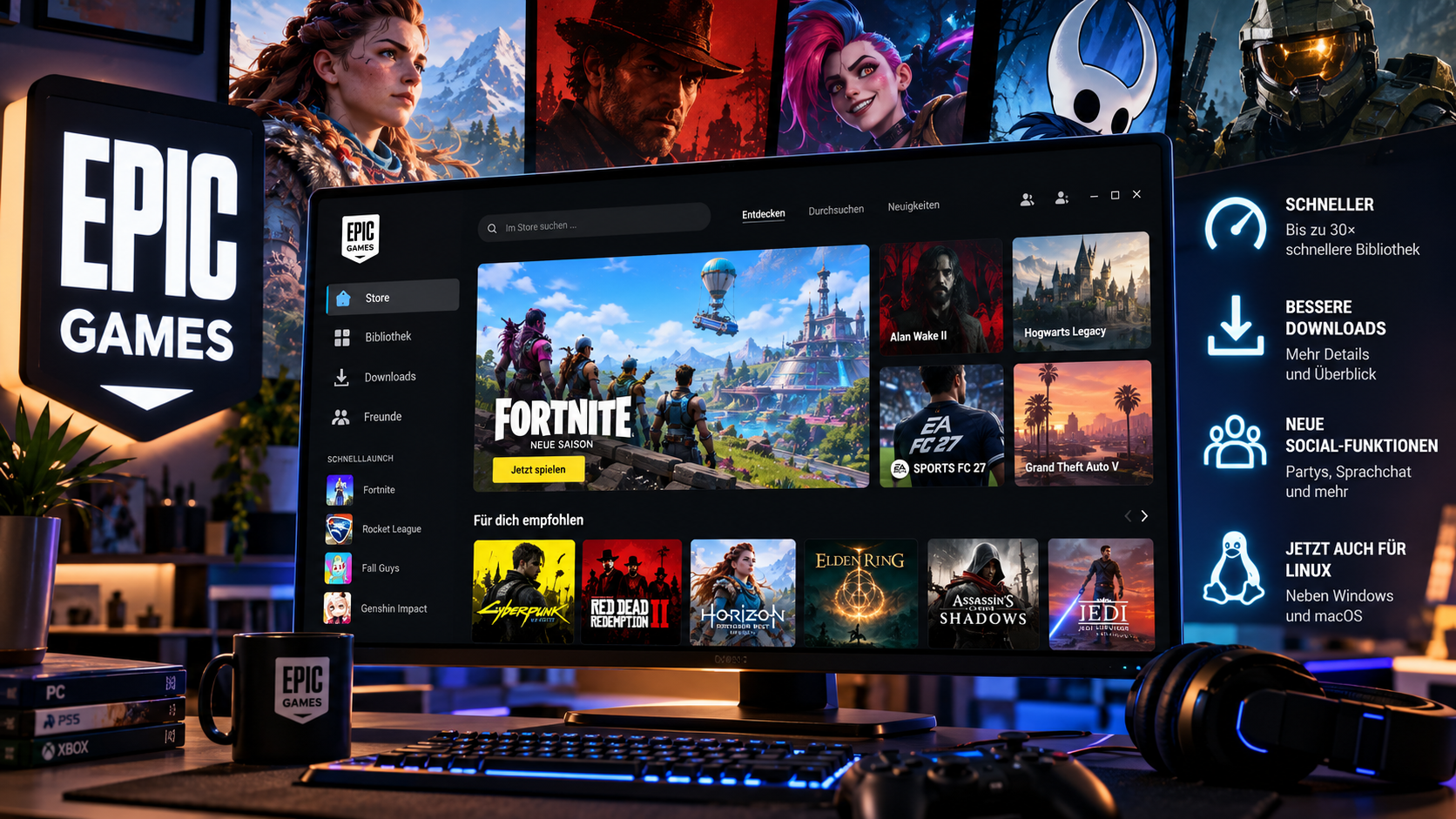 Gaming-PC mit geöffnetem Epic Games Launcher auf einem großen Monitor; daneben werden Funktionen wie schnellere Bibliothek, verbesserte Downloads, neue Social-Funktionen und Linux-Unterstützung hervorgehoben.