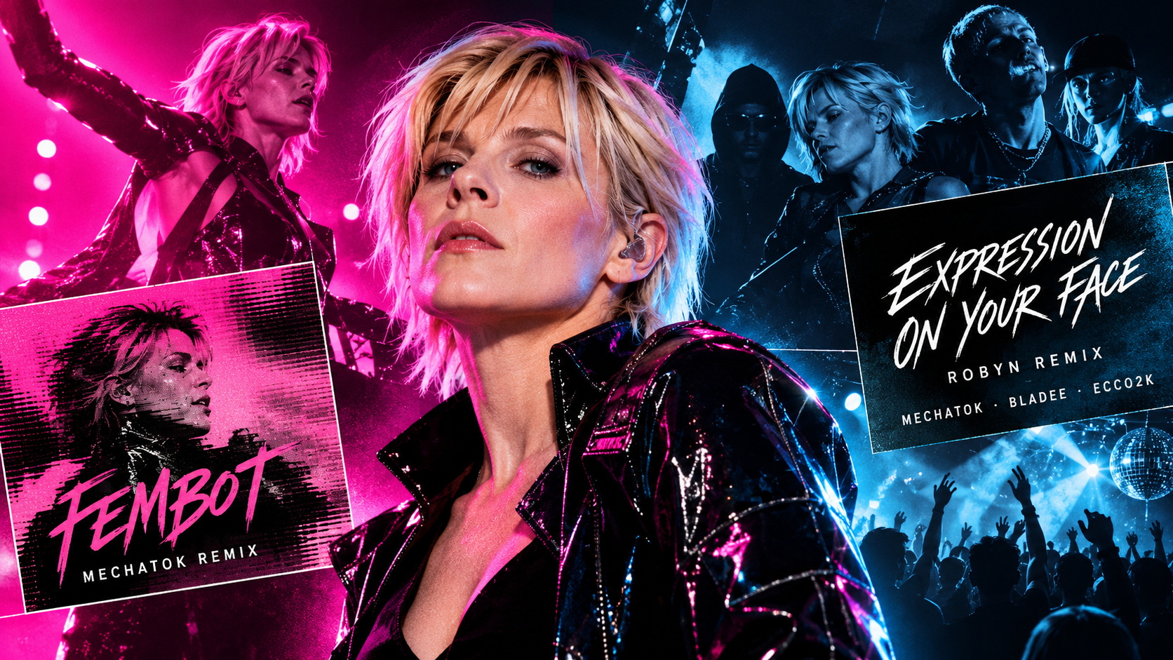 Neonfarbene Musikcollage mit einer blonden Popsängerin im Zentrum, Konzertaufnahmen und Clubszene im Hintergrund sowie Hinweisen auf die Remixe „Fembot“ und „Expression On Your Face“.