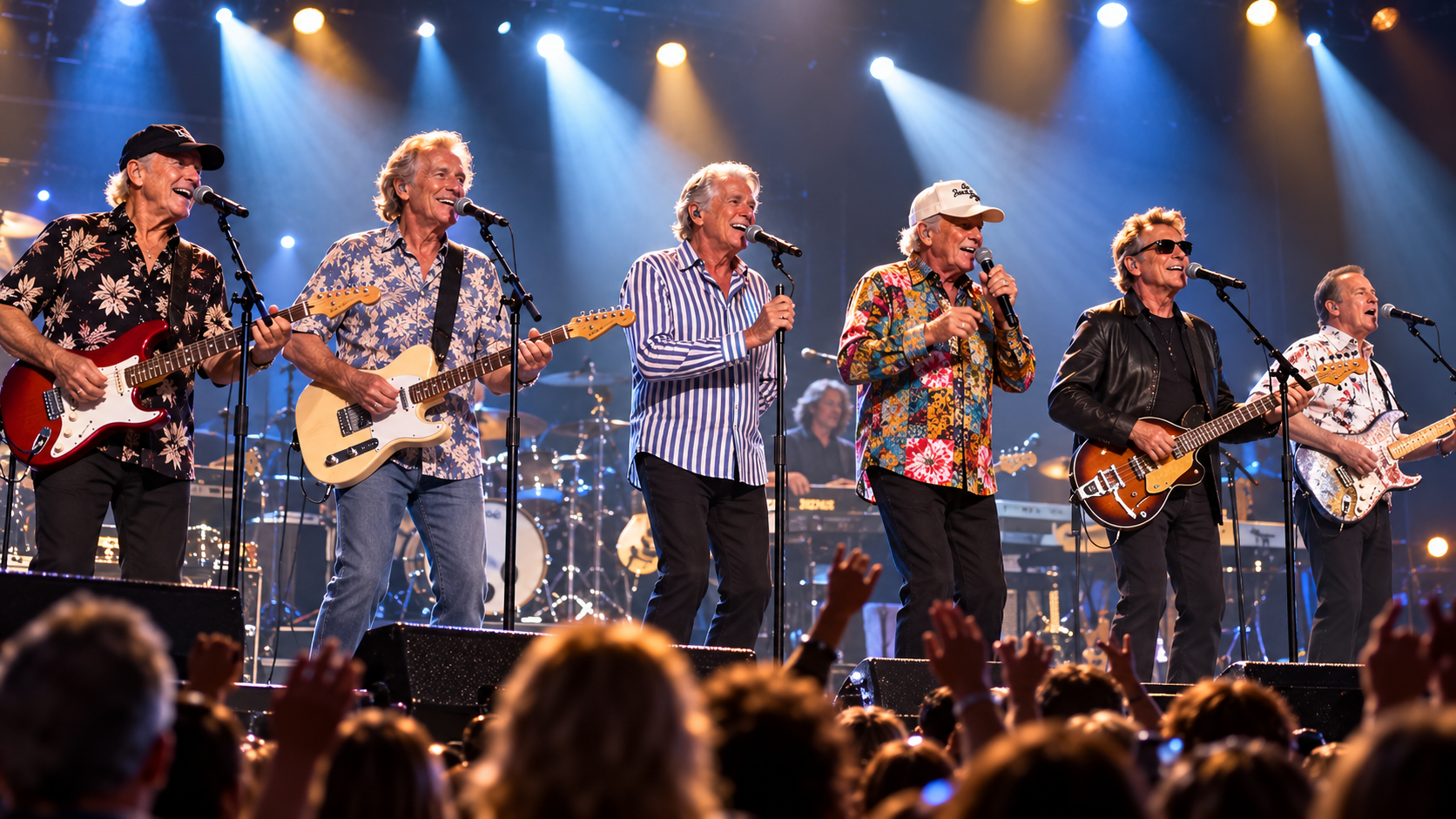 Beach-Boys stehen gemeinsam mit Gitarren und Mikrofonen auf einer großen Konzertbühne, beleuchtet von blauen und warmen Scheinwerfern, während im Vordergrund das Publikum jubelt.