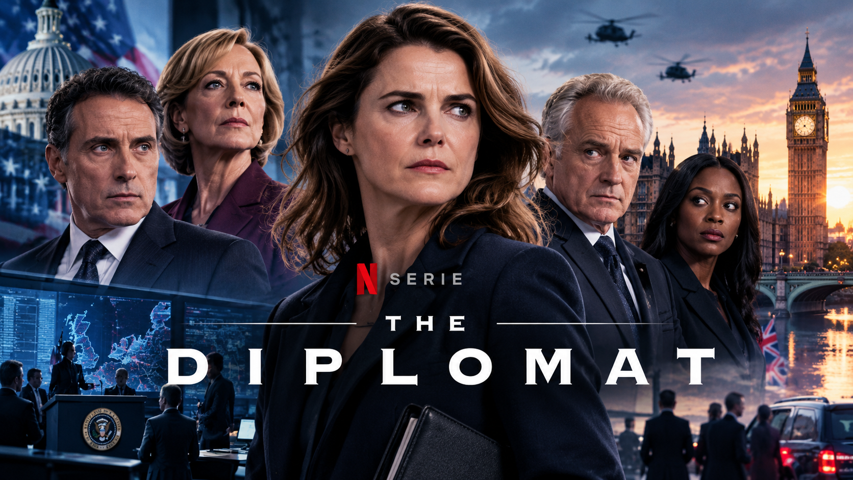Politische Thriller-Collage mit einer Diplomatin im Zentrum, mehreren Regierungsvertretern, dem Kapitol in Washington und dem britischen Parlament mit Big Ben im Hintergrund.