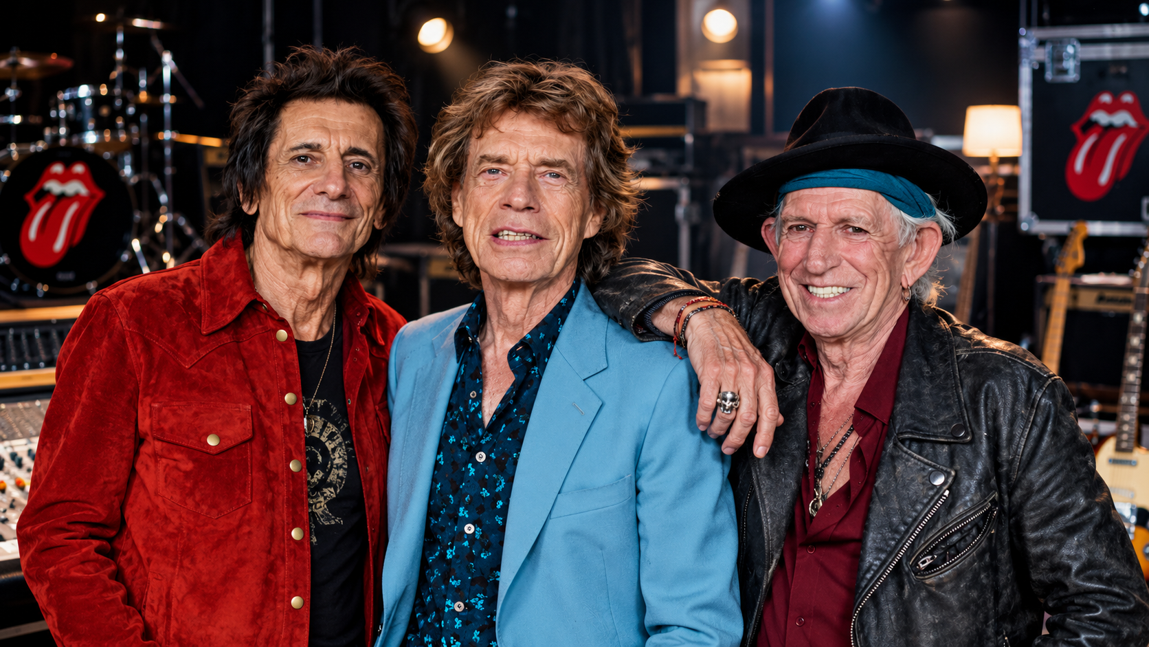 Ronnie Wood, Mick Jagger und Keith Richards stehen gemeinsam in einem Musikstudio; im Hintergrund sind Instrumente, Verstärker und das rote Zungenlogo der Rolling Stones zu sehen.