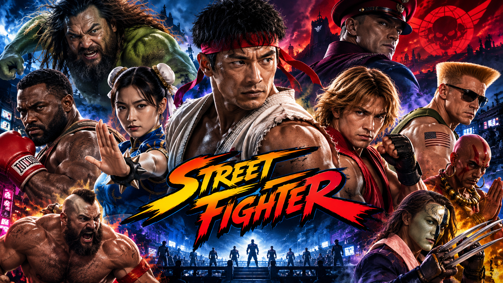 Mehrere bekannte Street-Fighter-Kämpfer stehen in einer actionreichen Collage vor einer neonfarbenen Stadtkulisse und einem Turnierhintergrund; im Zentrum sind Ryu und Ken zu sehen, umgeben von Chun-Li, Guile, Blanka und weiteren Figuren.
