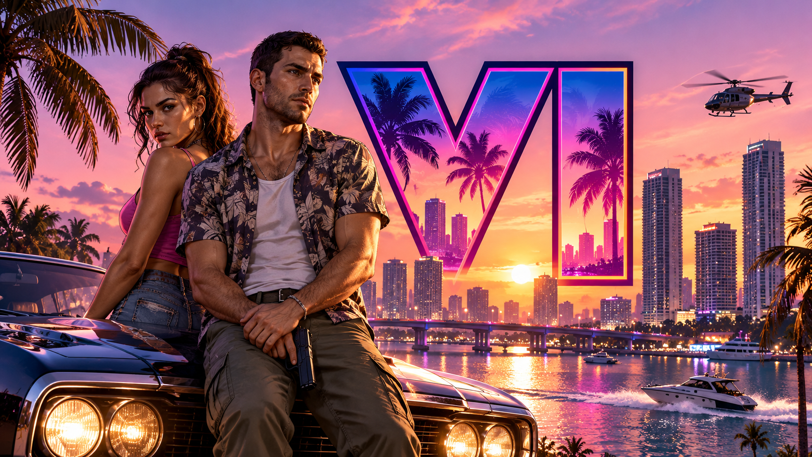 Zwei Hauptfiguren sitzen vor einer neonbeleuchteten Küstenmetropole auf einem Muscle-Car; im Hintergrund sind Palmen, Hochhäuser, ein Hubschrauber, ein Schnellboot und das große Grand-Theft-Auto-VI-Logo zu sehen.