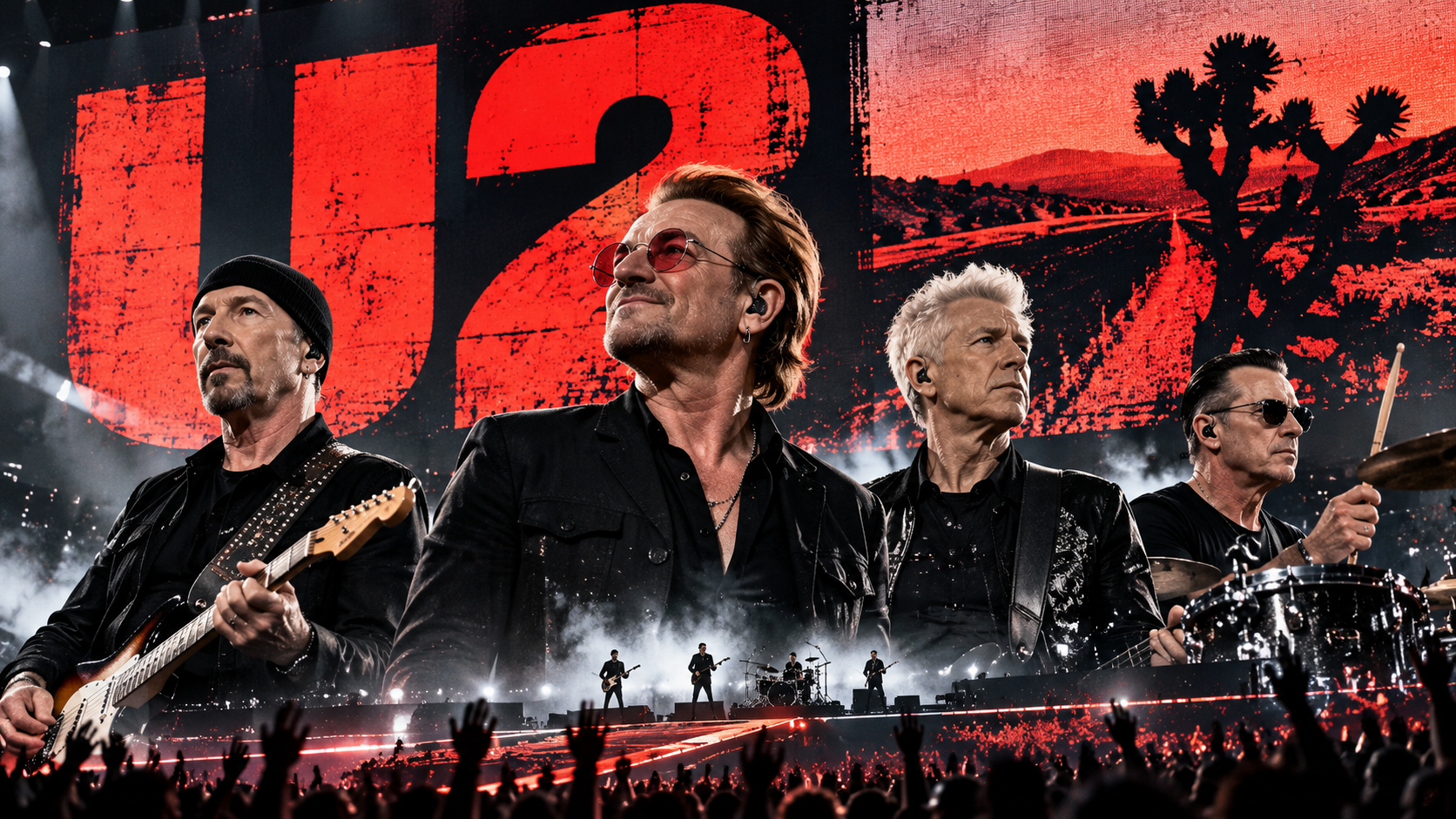 Vier Mitglieder einer Rockband stehen auf einer großen Stadionbühne vor einem riesigen roten U2-Schriftzug, umgeben von Scheinwerfern, Rauch und jubelndem Publikum.