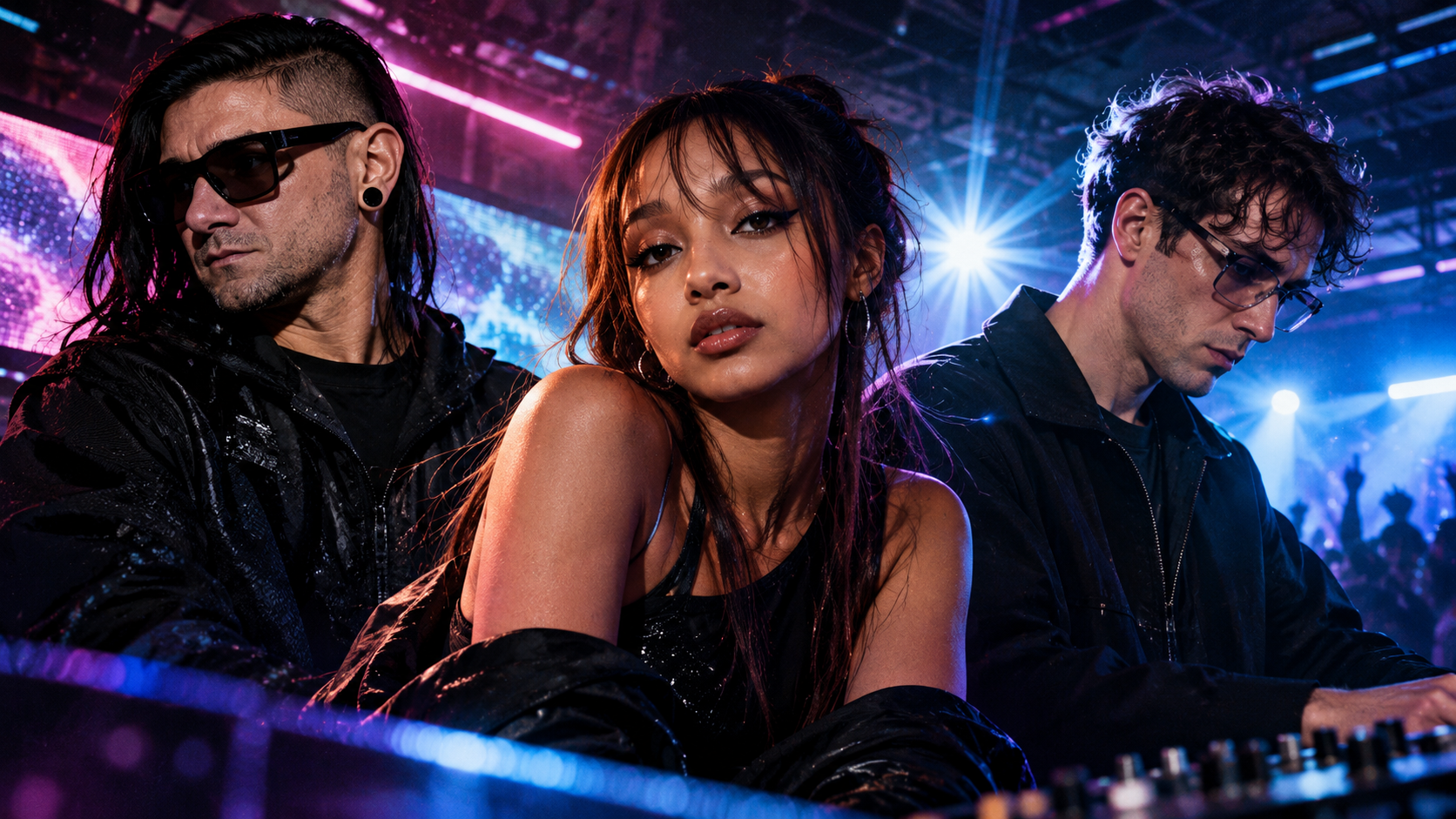 Drei Musiker stehen in einer neonbeleuchteten Clubszene mit DJ-Pult, pink-blauen Lichtstrahlen und tanzendem Publikum im Hintergrund; im Mittelpunkt steht eine Sängerin, flankiert von zwei Produzenten.