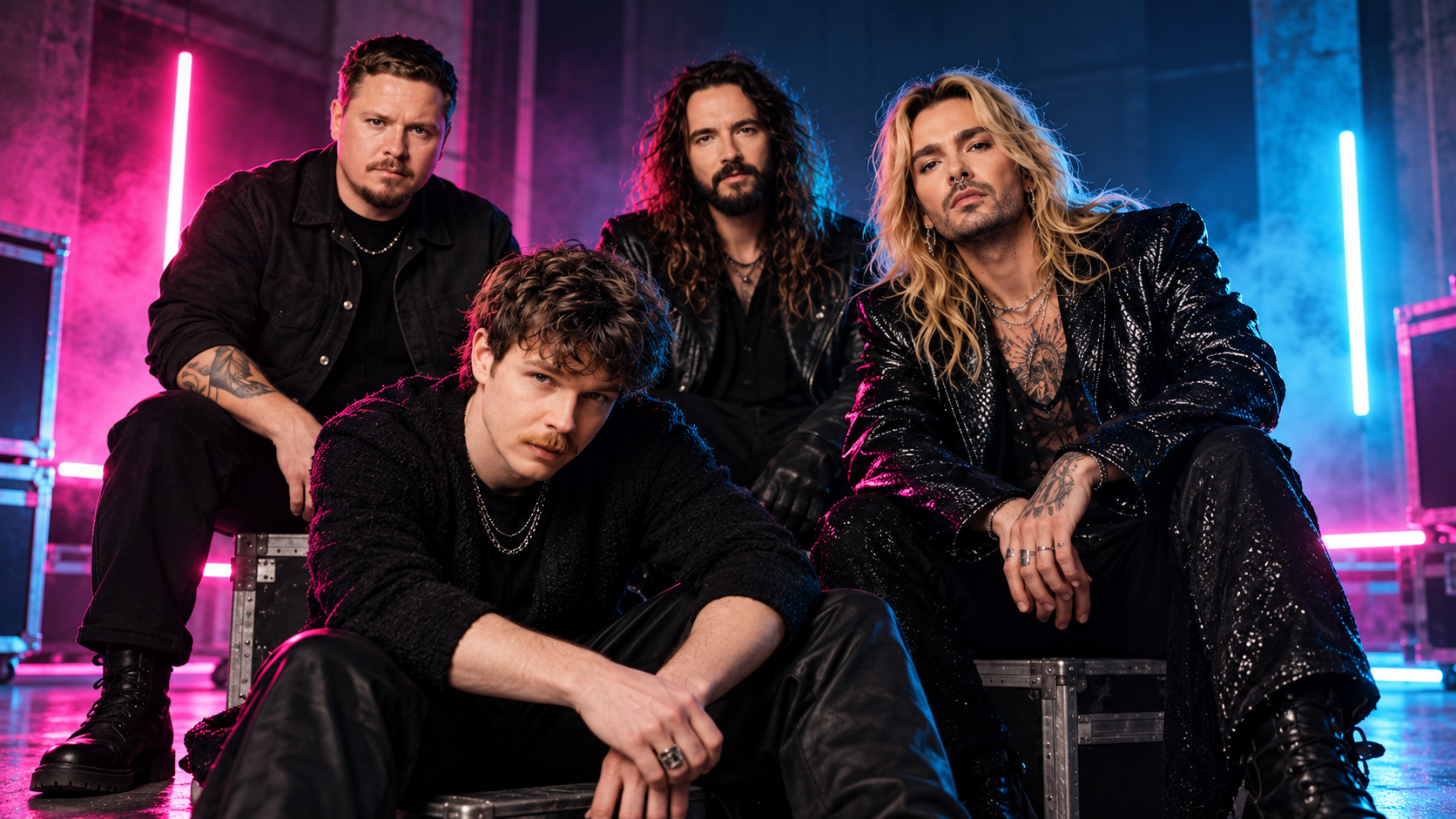 Die vier Mitglieder von Tokio Hotel sitzen und stehen gemeinsam in einer dunkel inszenierten Studioszene mit pink-blauer Neonbeleuchtung; Bill Kaulitz sitzt rechts im Vordergrund, während die übrigen Bandmitglieder um ihn gruppiert sind.