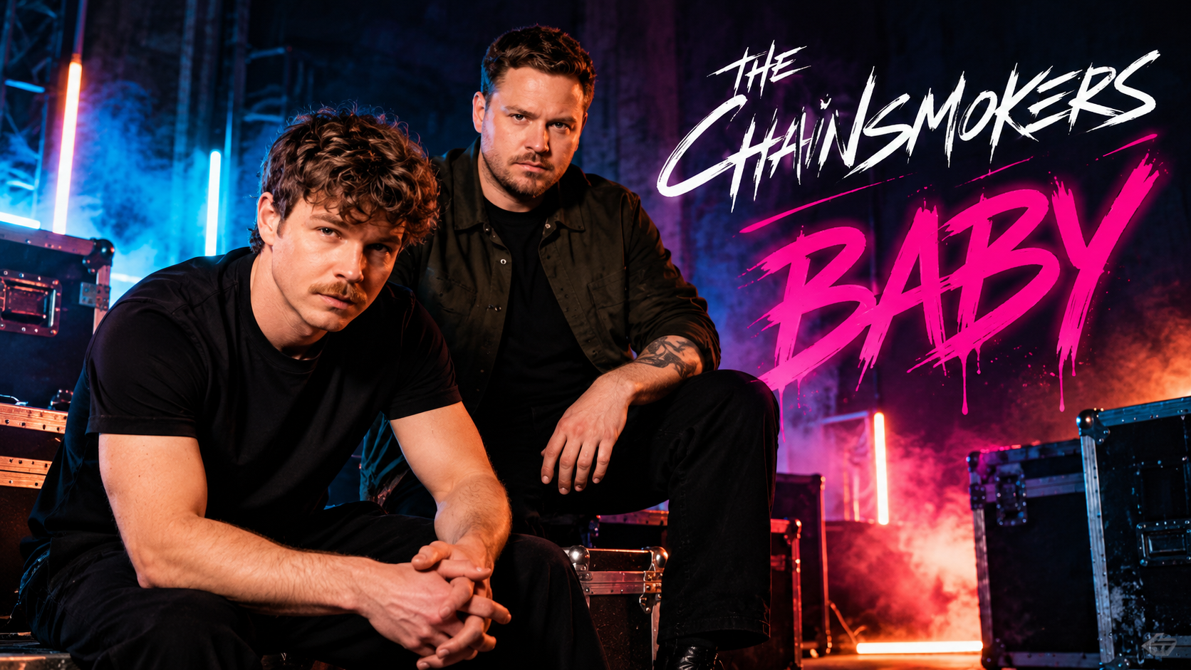 Die beiden Mitglieder von The Chainsmokers sitzen in einer dunkel inszenierten Backstage-Szene zwischen Flightcases und Neonlicht; rechts steht groß der Schriftzug „The Chainsmokers – Baby“.