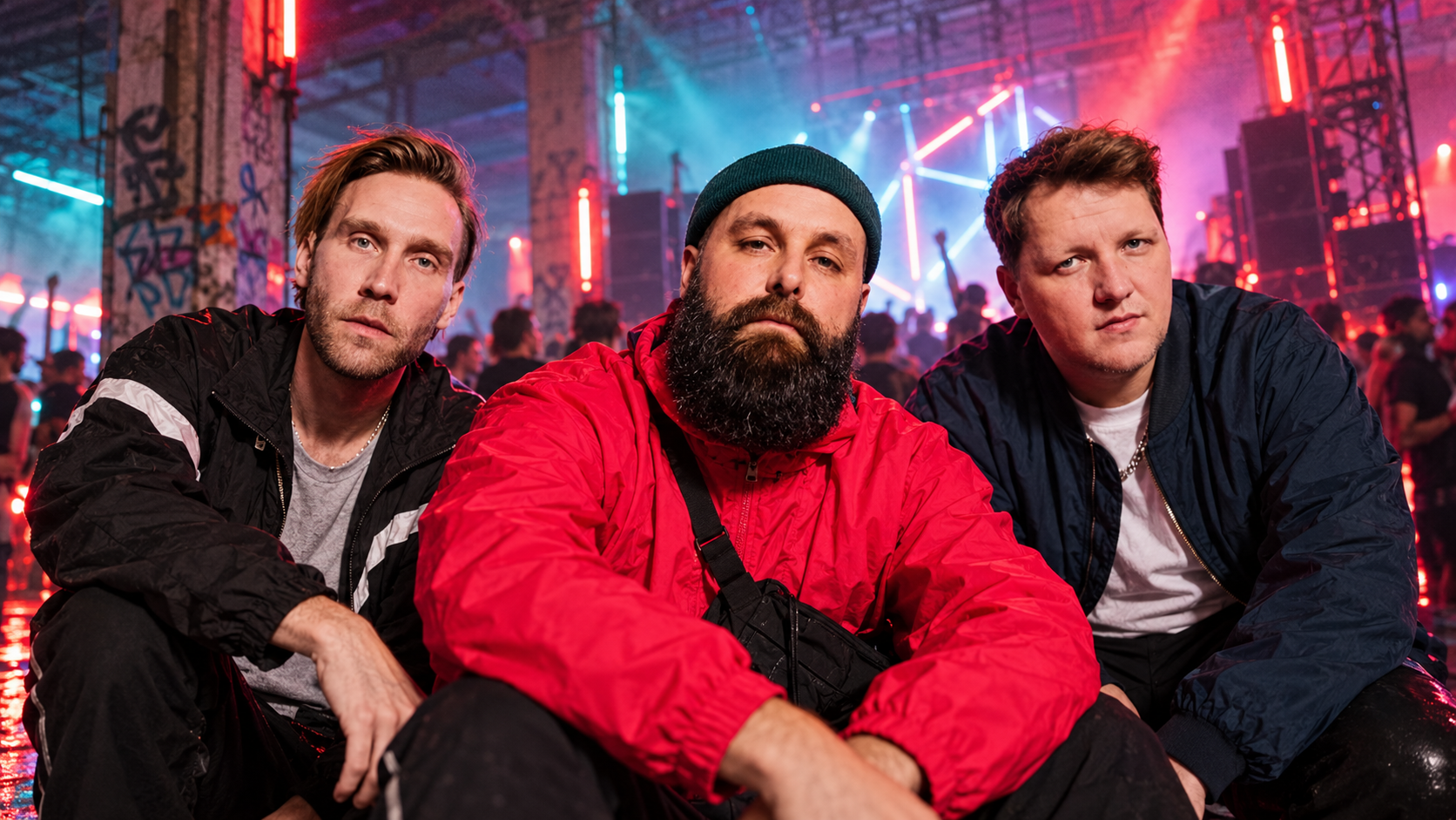 Die drei Mitglieder von Frittenbude sitzen vor einer neonbeleuchteten Club- und Ravekulisse; im Zentrum trägt ein bärtiger Musiker eine rote Jacke und Mütze, flankiert von den beiden anderen Bandmitgliedern.