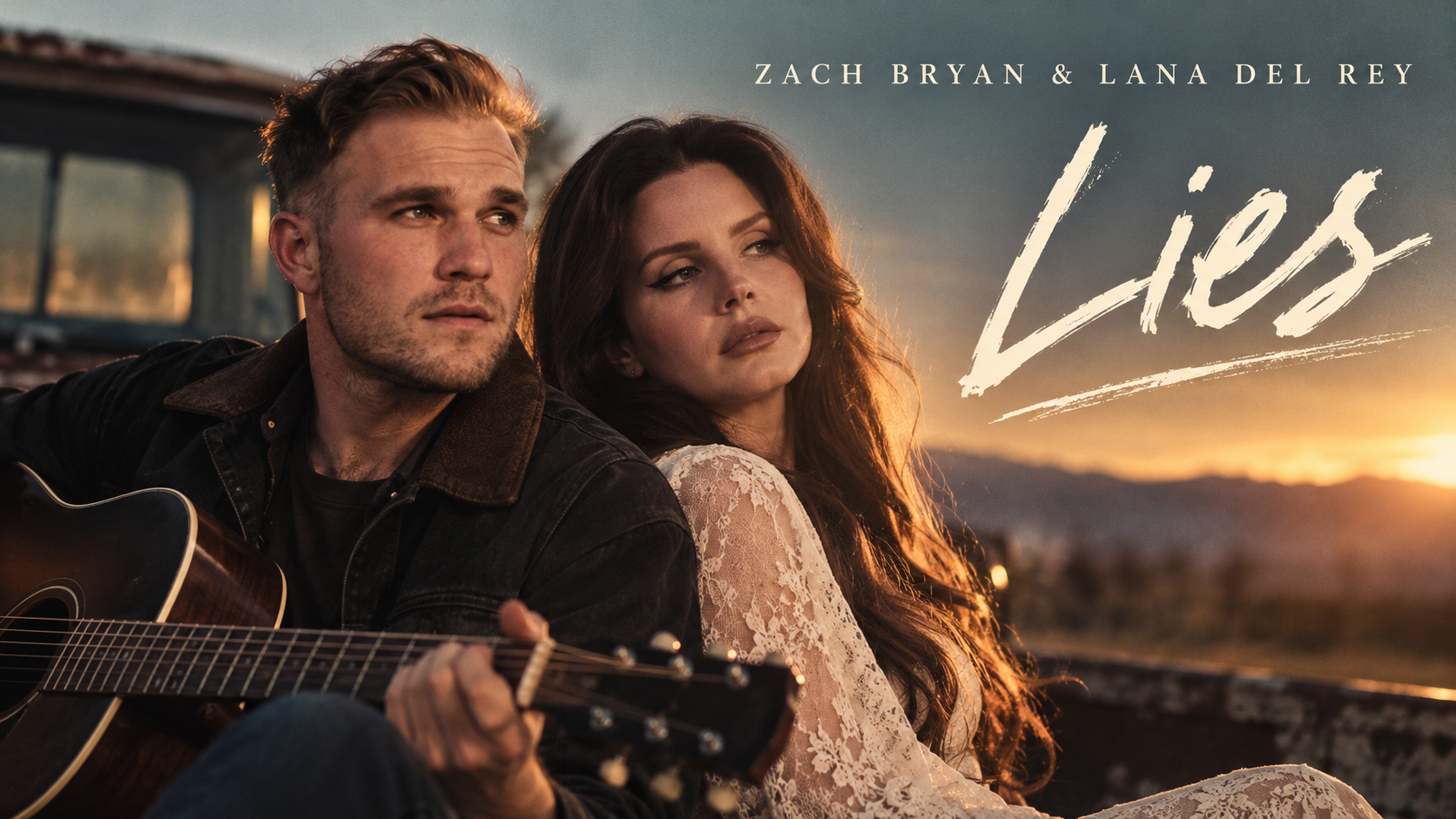 Zach Bryan sitzt mit Akustikgitarre neben Lana Del Rey vor einem alten Pickup bei Sonnenuntergang; rechts ist der Schriftzug „Zach Bryan & Lana Del Rey – Lies“ zu sehen.