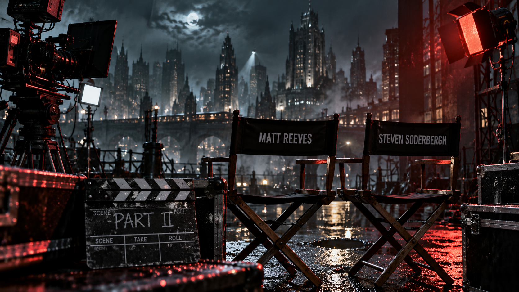 Zwei Regiestühle mit den Namen Matt Reeves und Steven Soderbergh stehen auf einem düsteren Filmset vor einer regennassen Großstadt bei Nacht; daneben liegen Kameraequipment und eine Filmklappe mit der Aufschrift „Part II“.