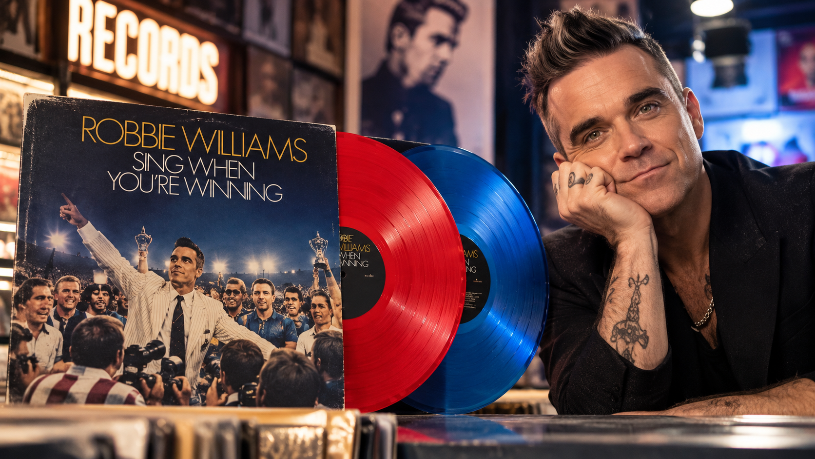 Robbie Williams lehnt in einem Plattenladen neben der Vinyl-Neuauflage von „Sing When You’re Winning“; vor ihm stehen eine rote und eine blaue Schallplatte sowie das Albumcover.