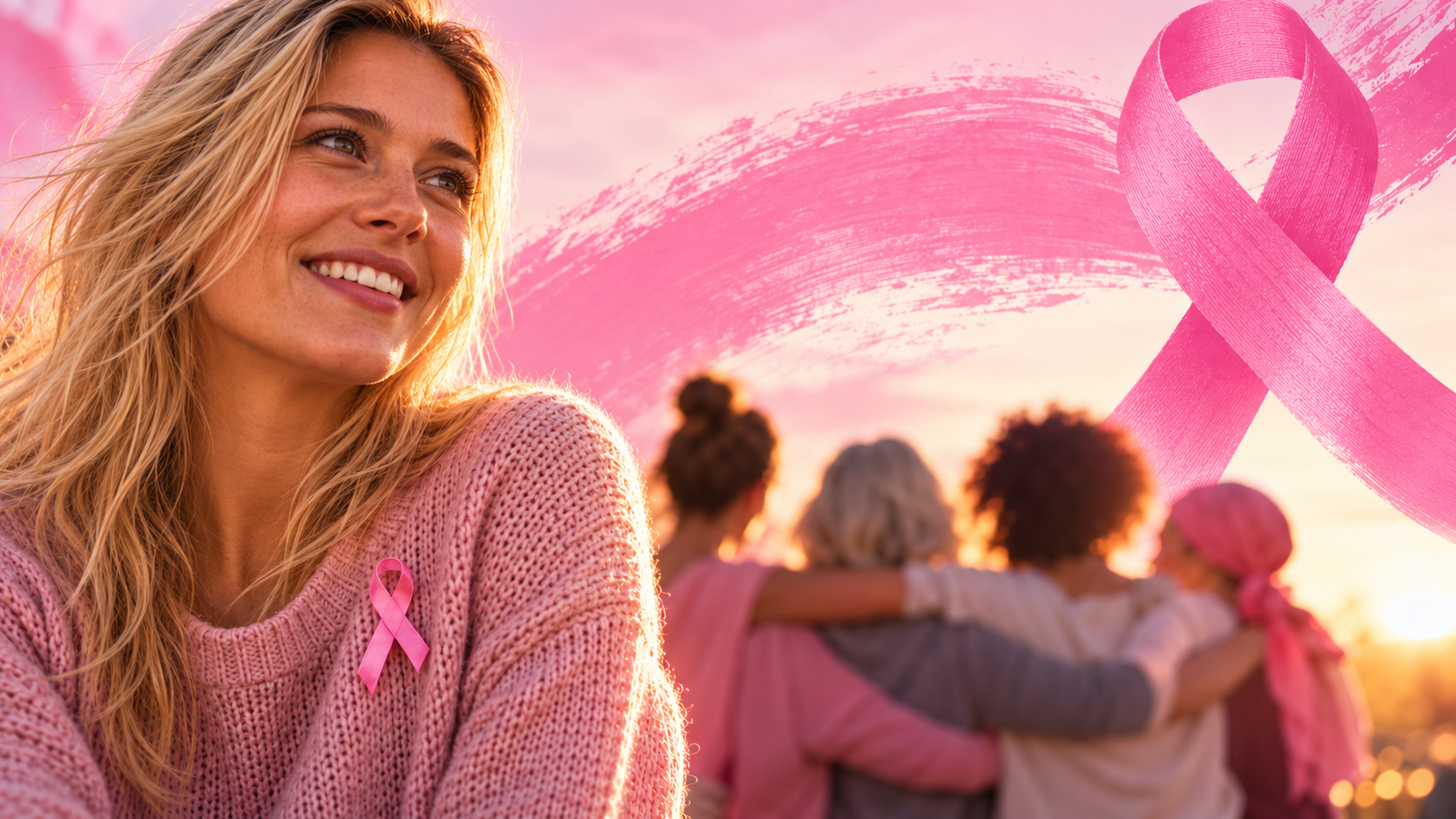 Eine Frau in rosafarbenem Pullover trägt die pinke Brustkrebs-Schleife; im Hintergrund stehen mehrere Frauen eng umarmt im warmen Abendlicht, daneben ist eine große pinke Schleife zu sehen.