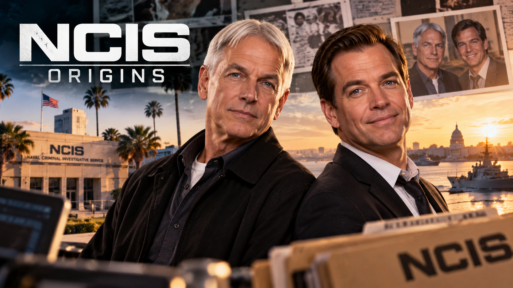 Poster von NCIS: Origins mit den Gesichtern von Mark Harmon und Michael Weatherly