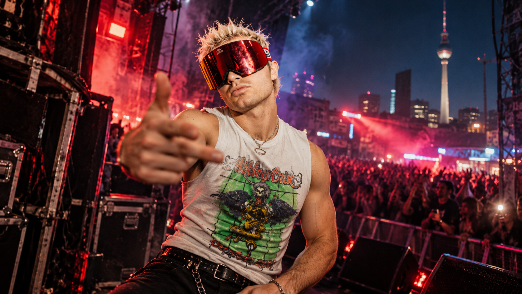 Ski Aggu steht mit großer rot verspiegelter Skibrille und ärmellosem Shirt vor einer Konzertbühne in Berlin; hinter ihm feiern Fans im roten und blauen Licht, während der Fernsehturm über der nächtlichen Stadt zu sehen ist.