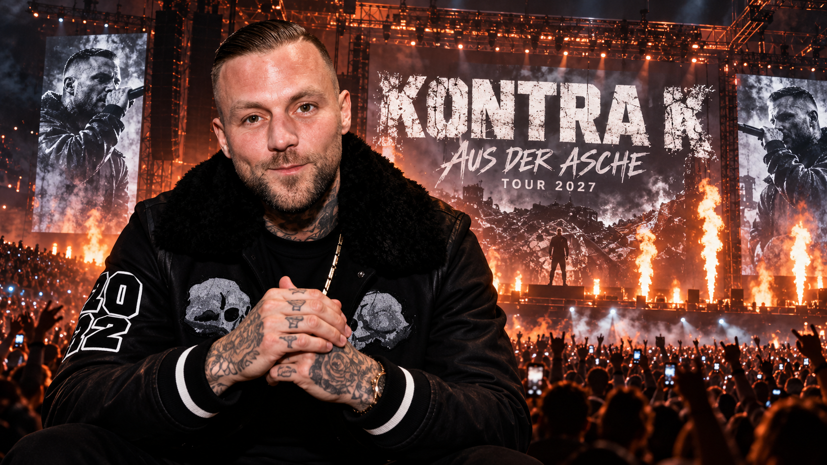Kontra K steht vor einer großen Arena-Bühne mit Feuer, Rauch und jubelndem Publikum; im Hintergrund ist der Schriftzug „Kontra K – Aus der Asche Tour 2027“ zu sehen.