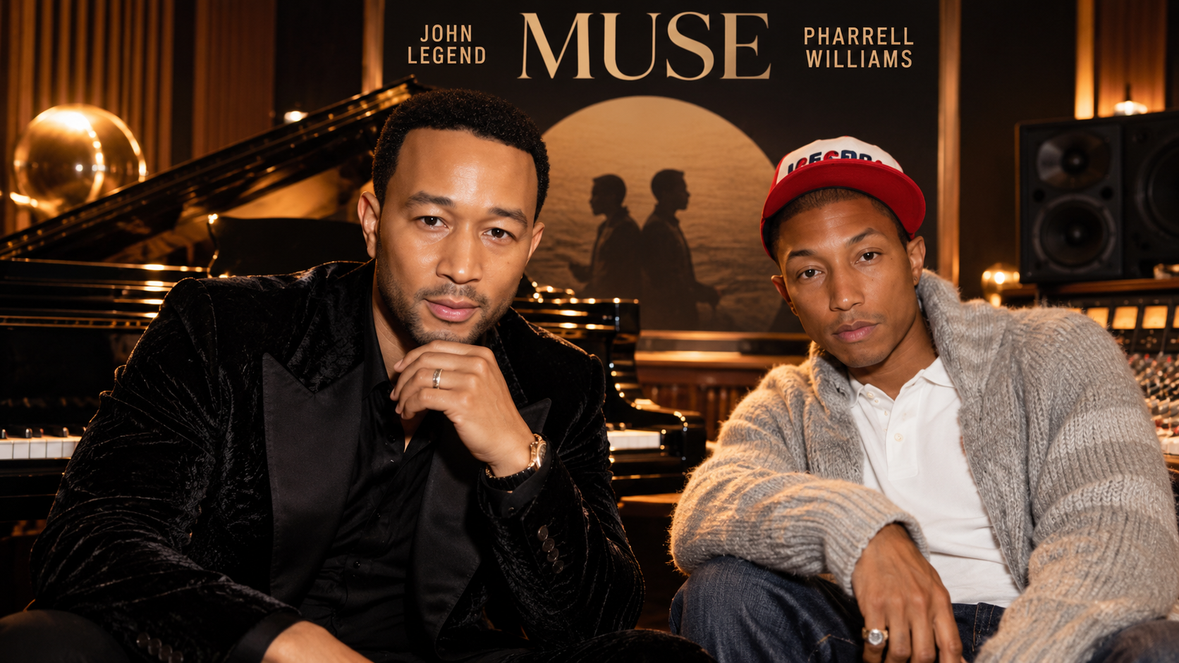 John Legend und Pharrell Williams sitzen gemeinsam in einem warm beleuchteten Tonstudio mit Klavier, Mischpult und Lautsprechern; im Hintergrund ist ein „Muse“-Motiv mit ihren Namen zu sehen.