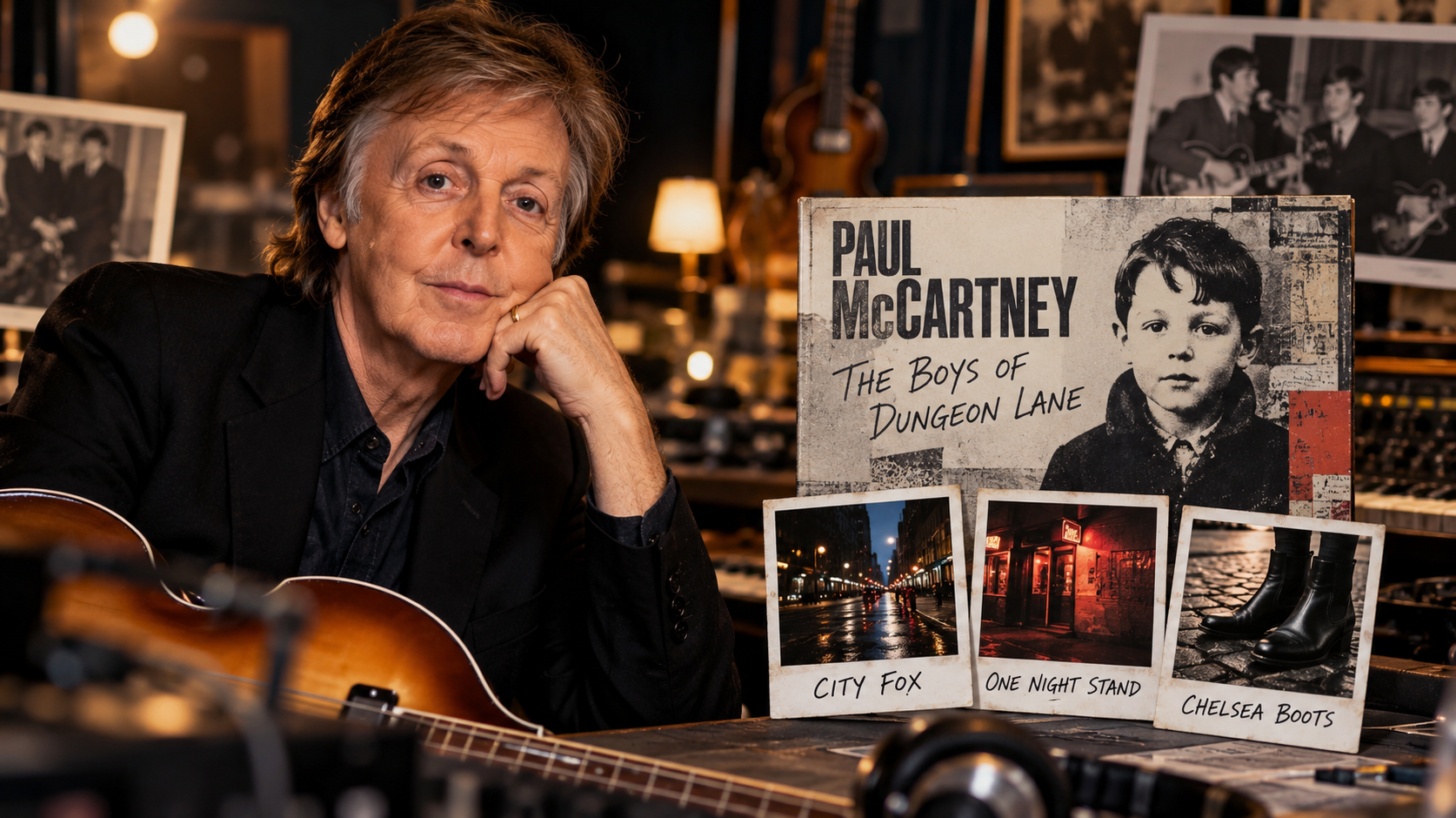 Paul McCartneys Album „The Boys of Dungeon Lane“ mit einem älteren Musiker im Studio, Vinylplatten und dem Albumcover im Vordergrund.