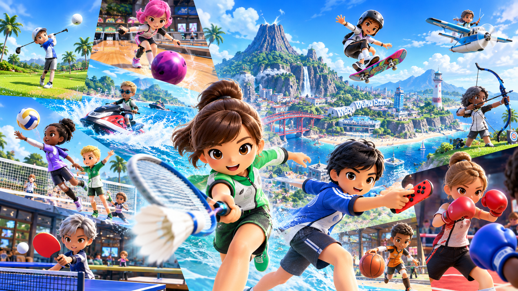 Farbenfrohe redaktionelle Illustration zu „Nintendo Switch Sports Resort“ mit mehreren Sportarten wie Golf, Bowling, Skateboarden, Bogenschießen, Basketball, Tischtennis und Wassersport vor einer tropischen Inselkulisse.