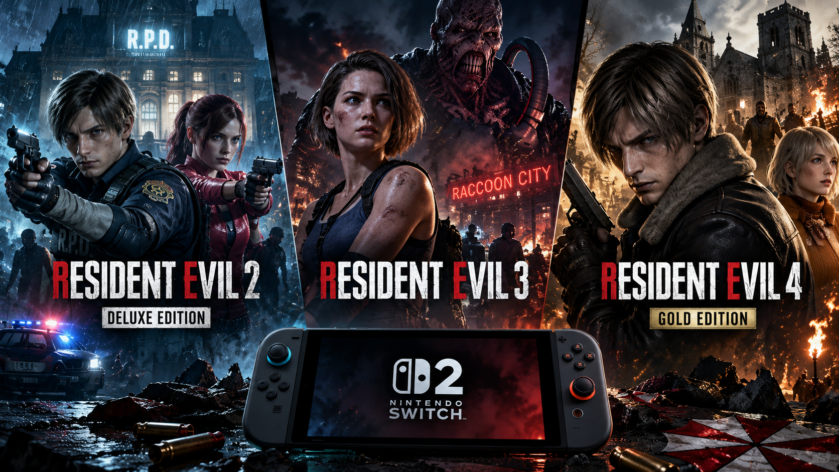Düstere redaktionelle Illustration zu „Resident Evil 2“, „Resident Evil 3“ und „Resident Evil 4“ mit Leon, Claire, Jill, Nemesis und einer Nintendo Switch 2 vor einer Horror-Kulisse.