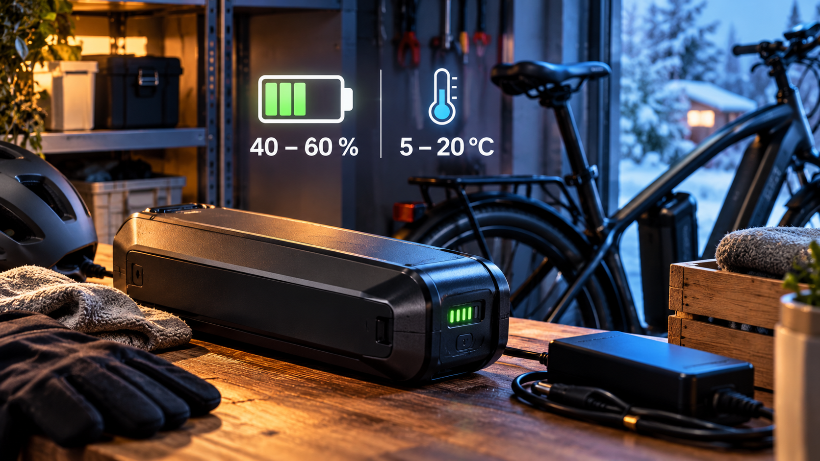 E-Bike-Akku auf einer Werkbank neben Ladegerät und Fahrrad in winterlicher Umgebung; eingeblendete Hinweise empfehlen 40 bis 60 Prozent Ladestand und 5 bis 20 Grad Lagertemperatur.